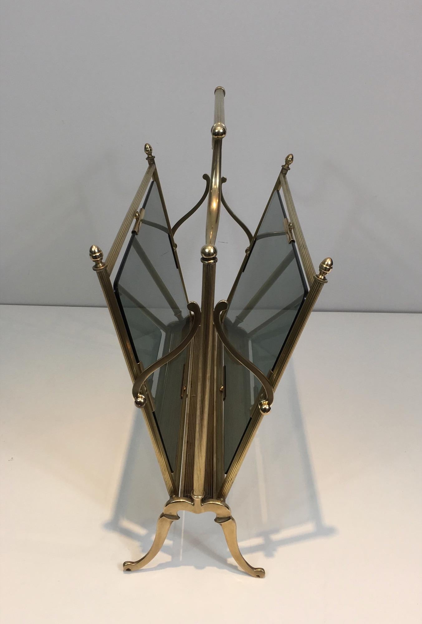 French Brass and Blueish Glass Magazine Rack by Maison Jansen For Sale