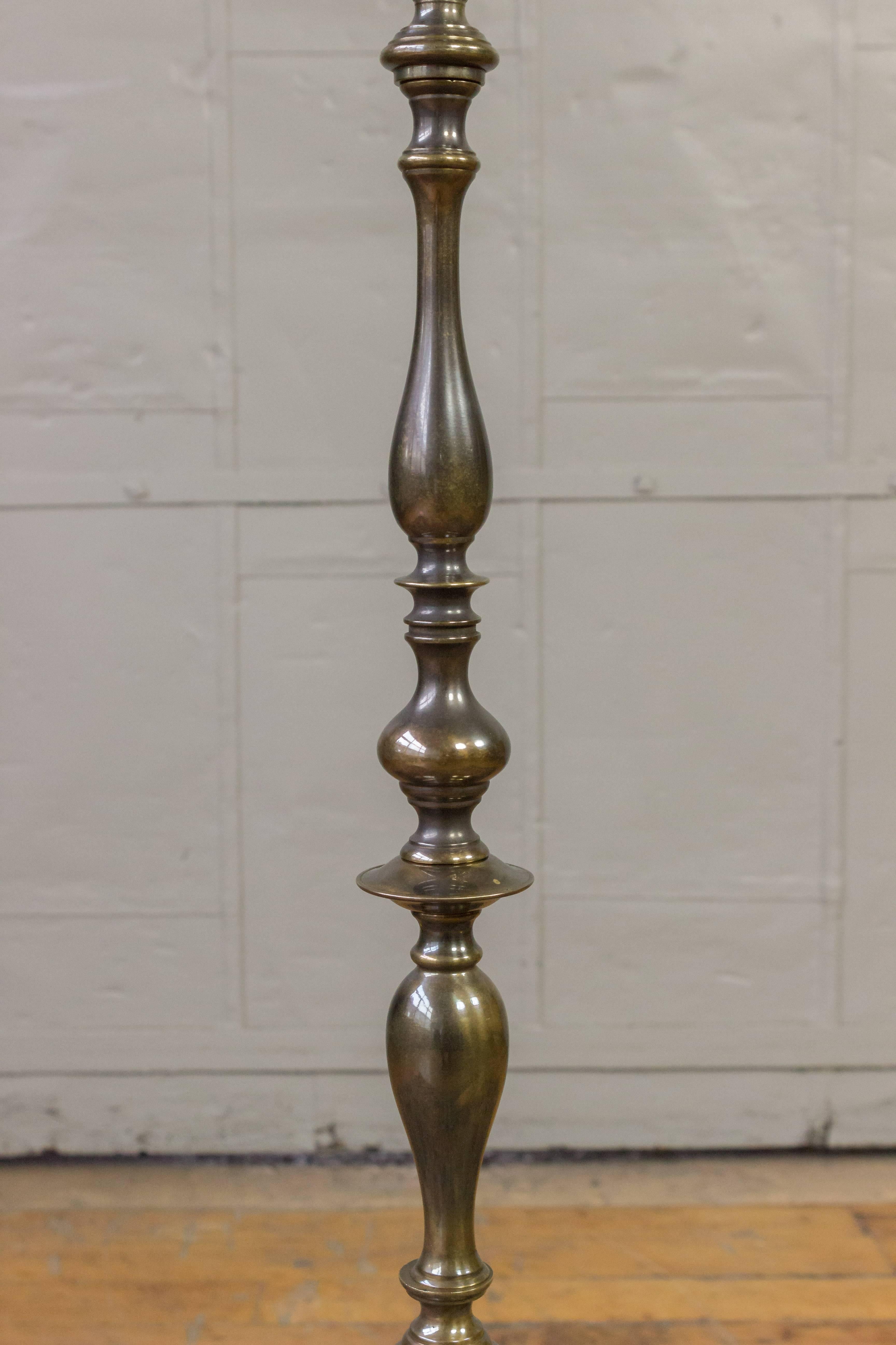 Mid-20th Century Brass and Bronze Floor Lamp with Hand Finished Patina For Sale