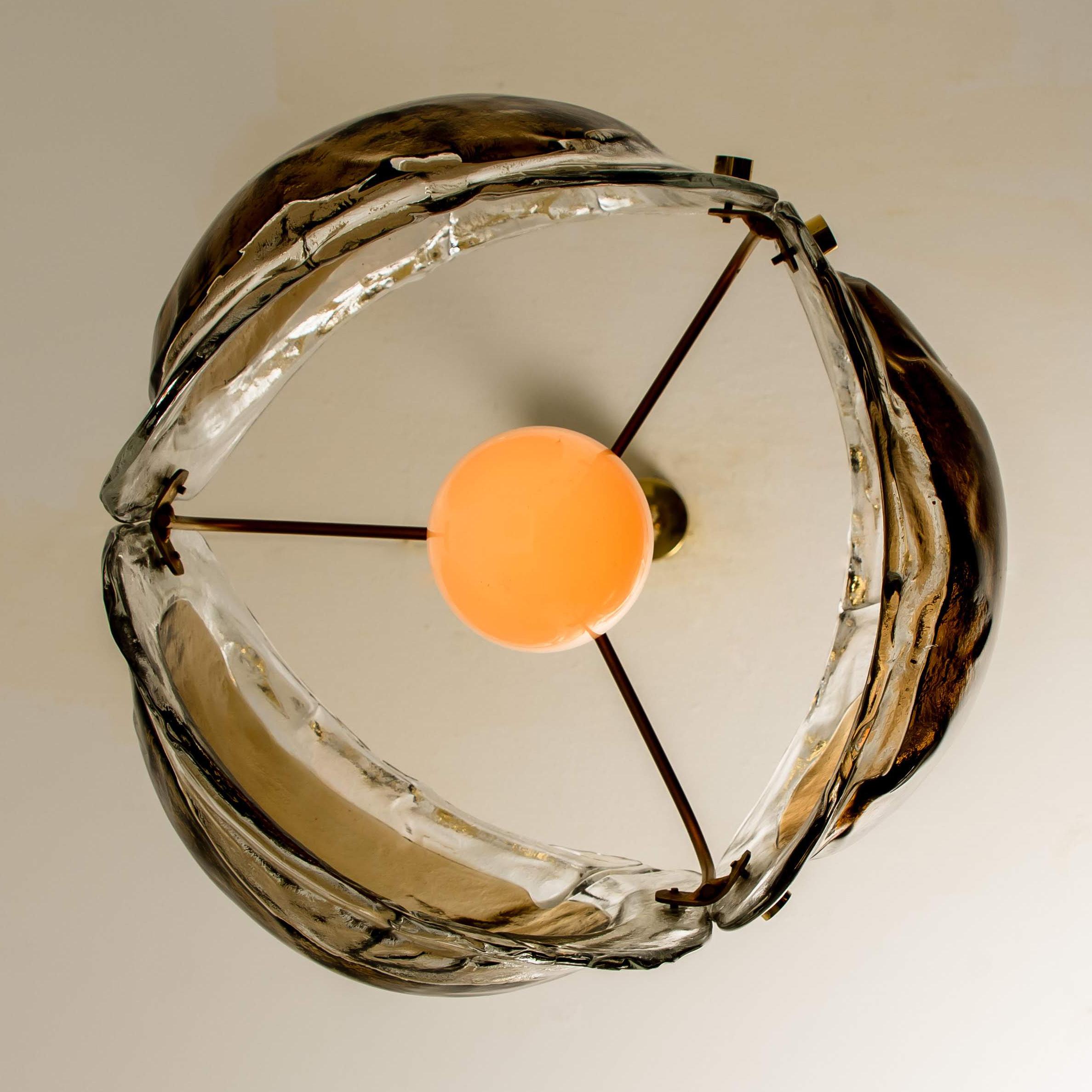 Brass and Brown Glass Blown Murano Glass Pendant Light 2