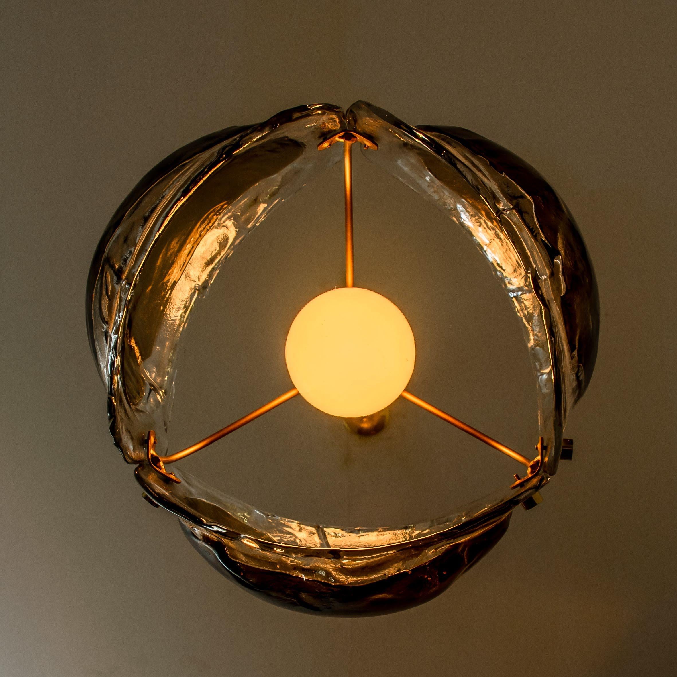 Brass and Brown Glass Blown Murano Glass Pendant Light 3