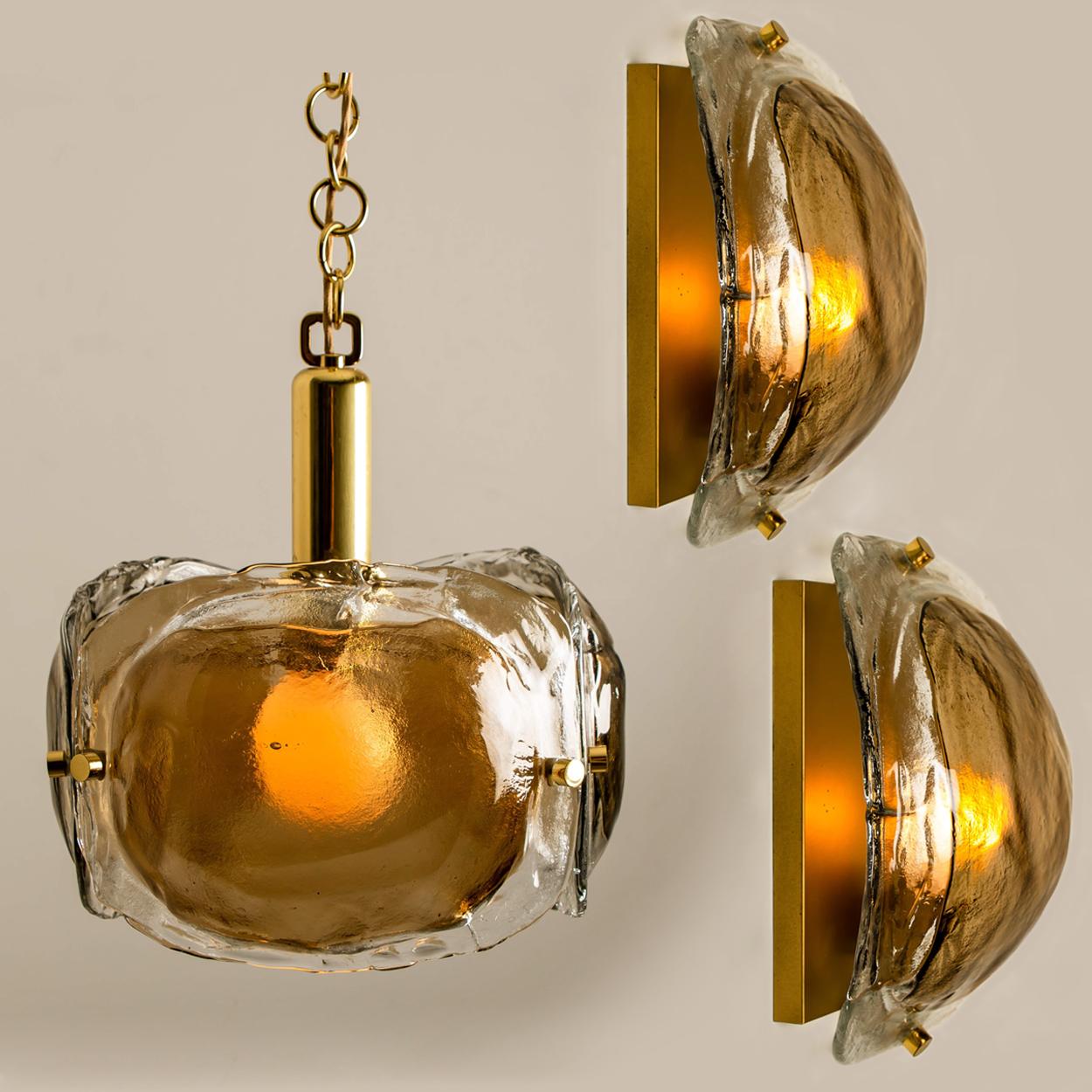 Brass and Brown Glass Blown Murano Glass Pendant Light 10