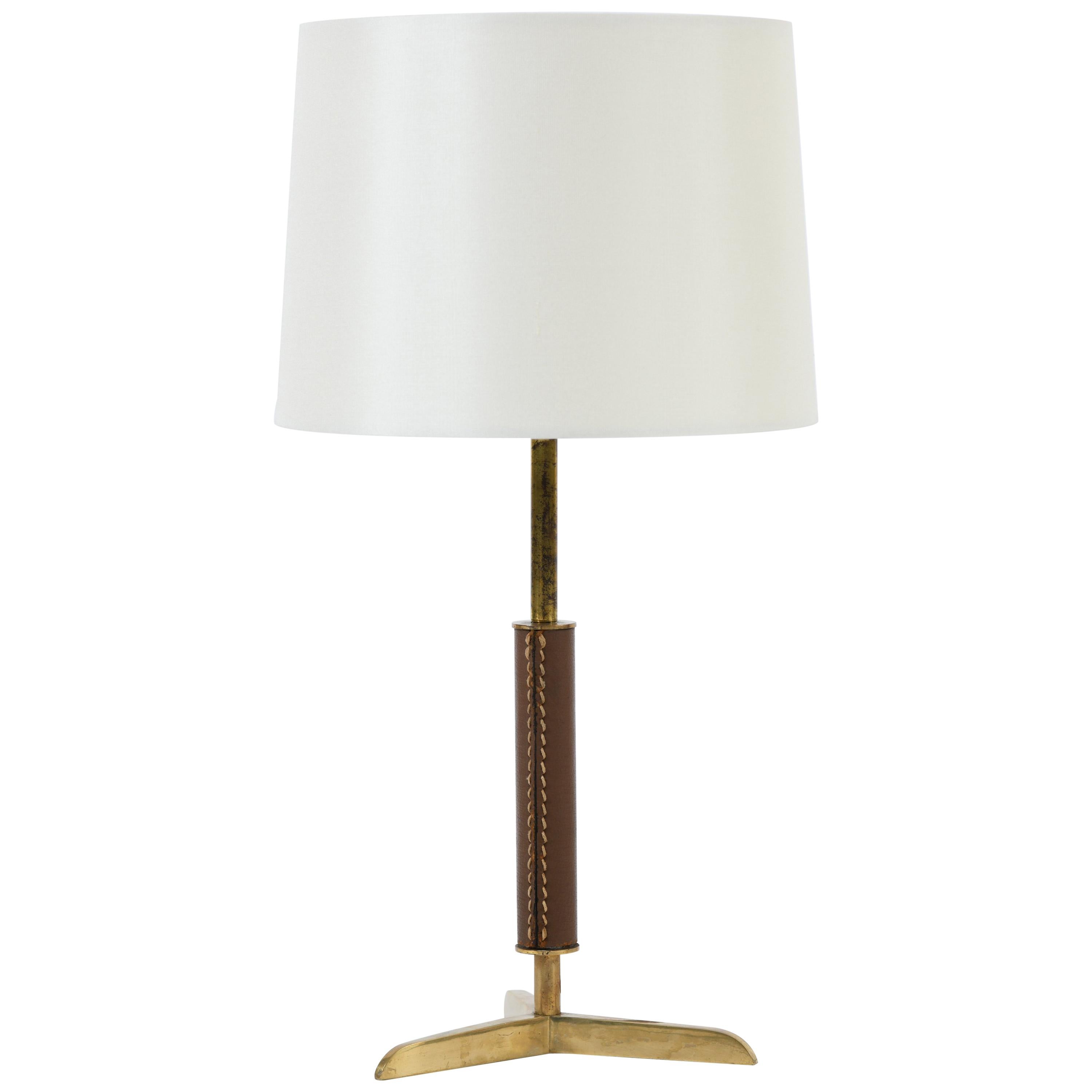 Brass and Brown Leather Table Lamp, in the Manner of Jacques Adnet
