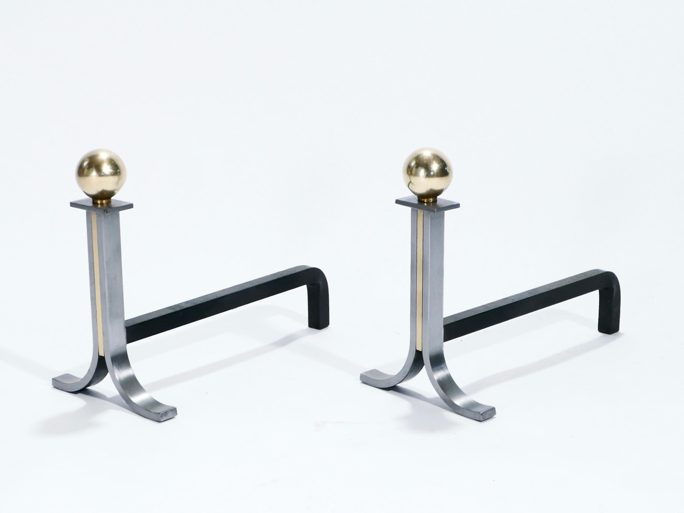 Brass and Brushed Steel Andirons and Tools Stand, 1970s 2
