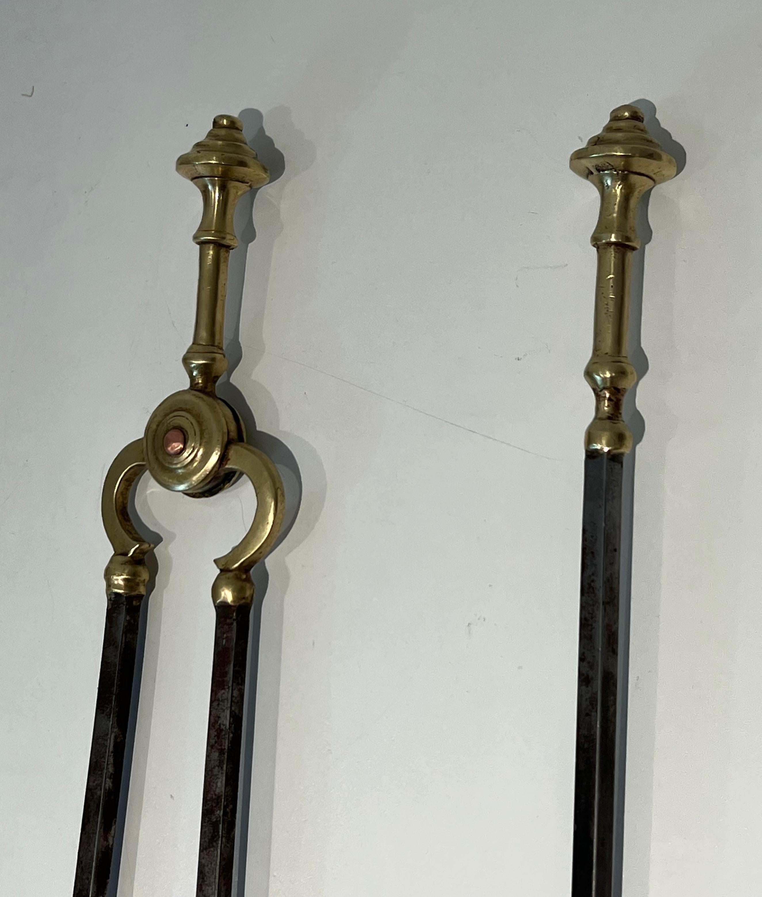 Brass and Brushed steel Fireplace Tools Attributed to Maison Jansen For Sale 4