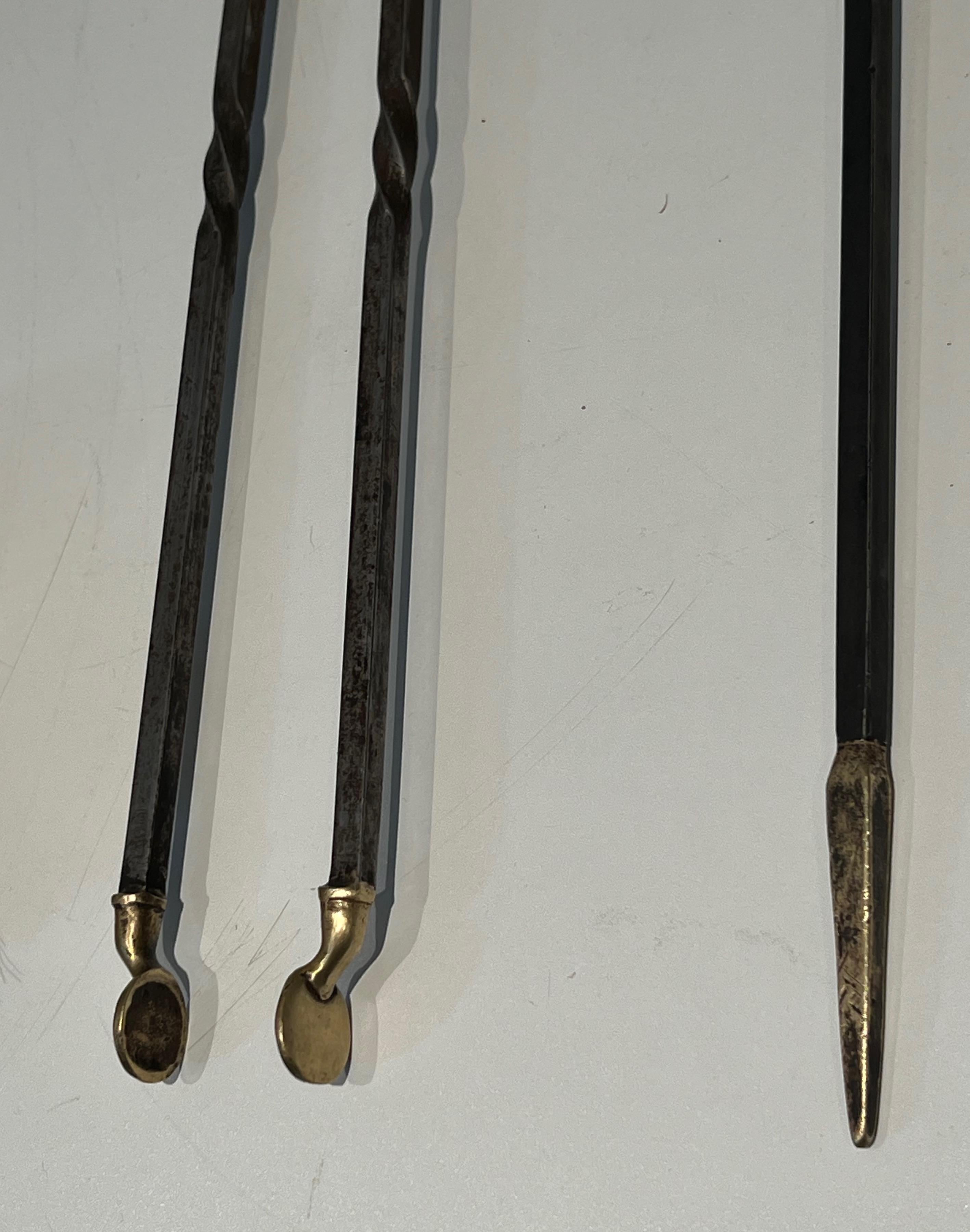 Brass and Brushed steel Fireplace Tools Attributed to Maison Jansen For Sale 5