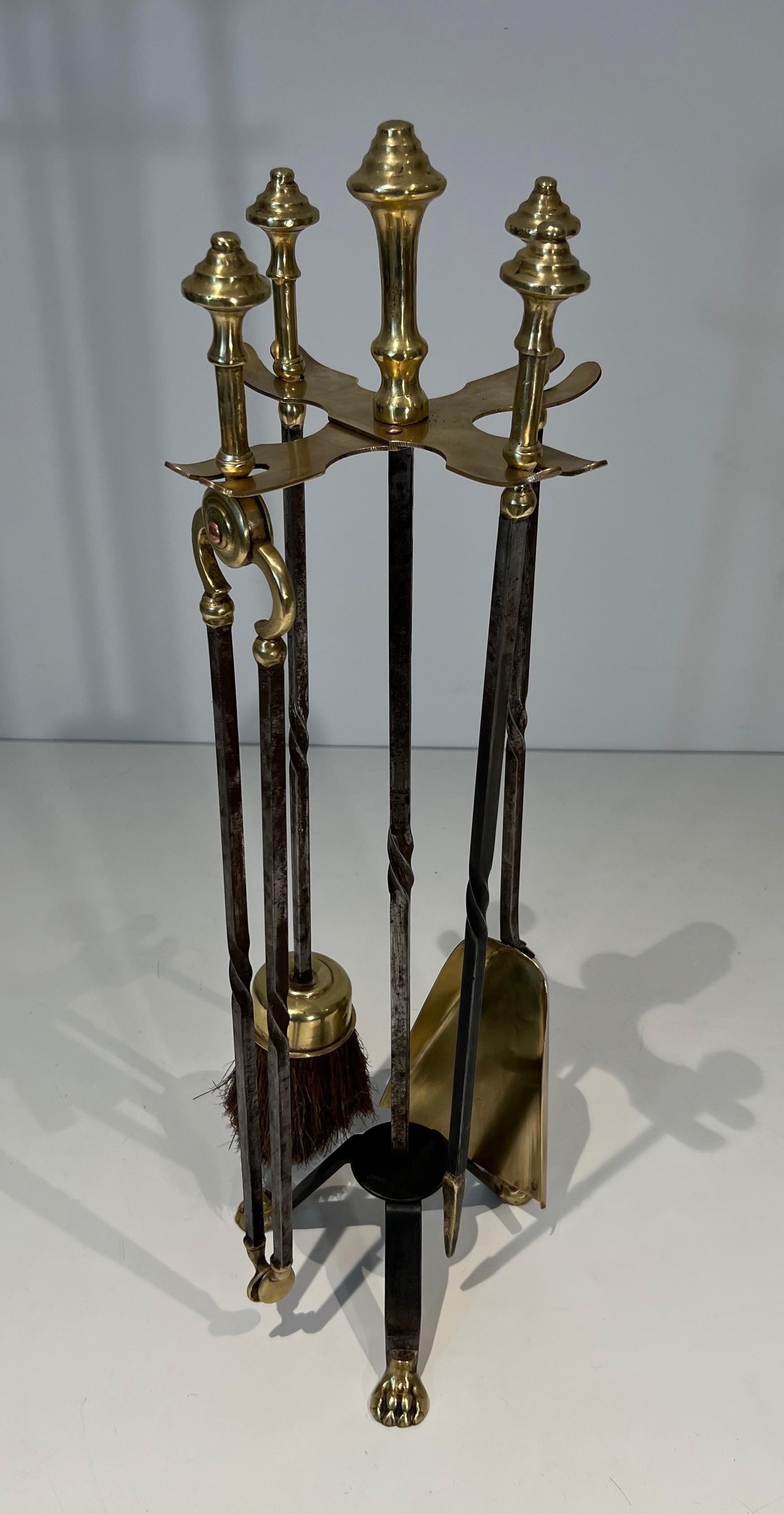 Brass and Brushed steel Fireplace Tools Attributed to Maison Jansen For Sale 6