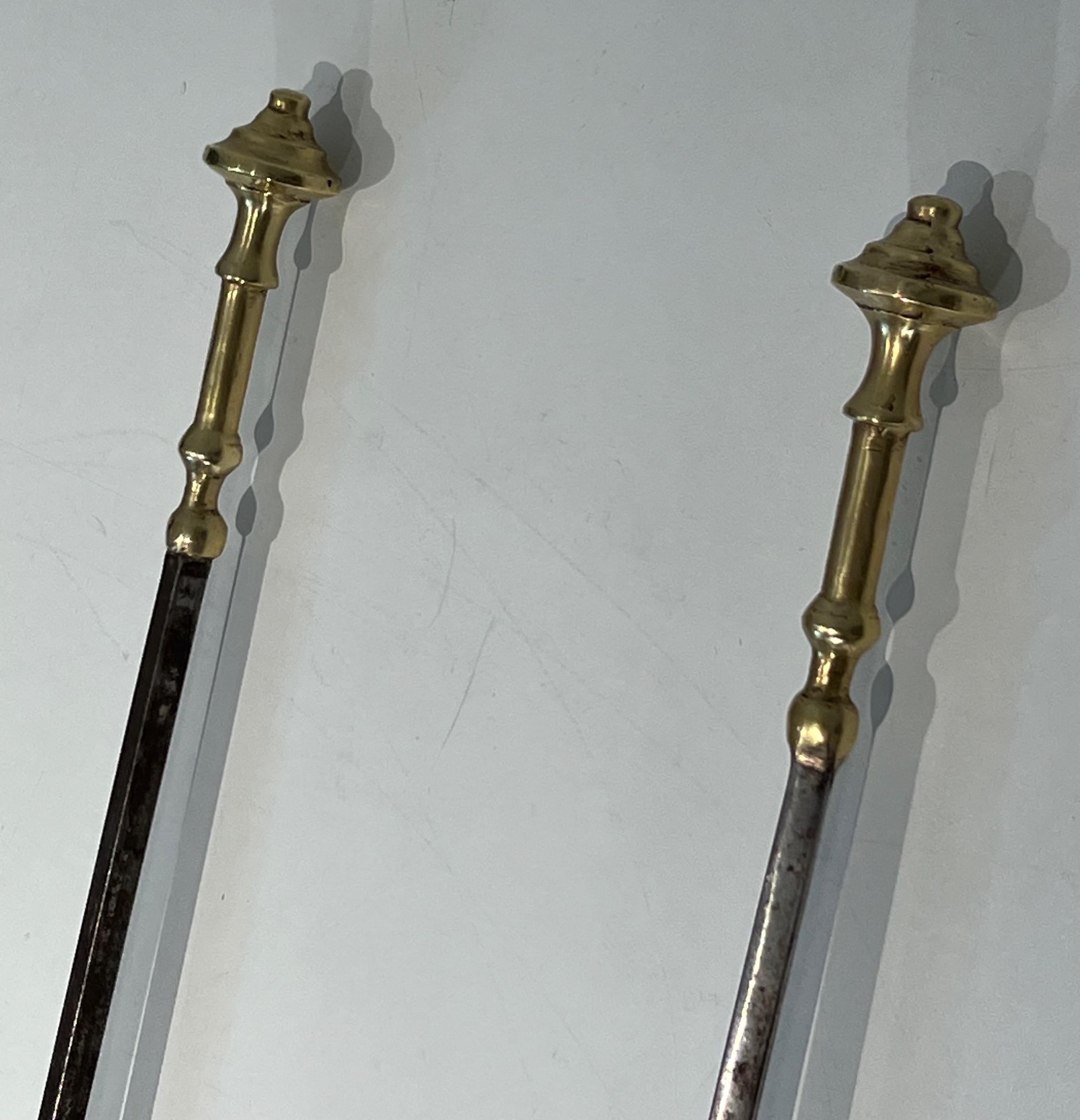 Brass and Brushed steel Fireplace Tools Attributed to Maison Jansen For Sale 10