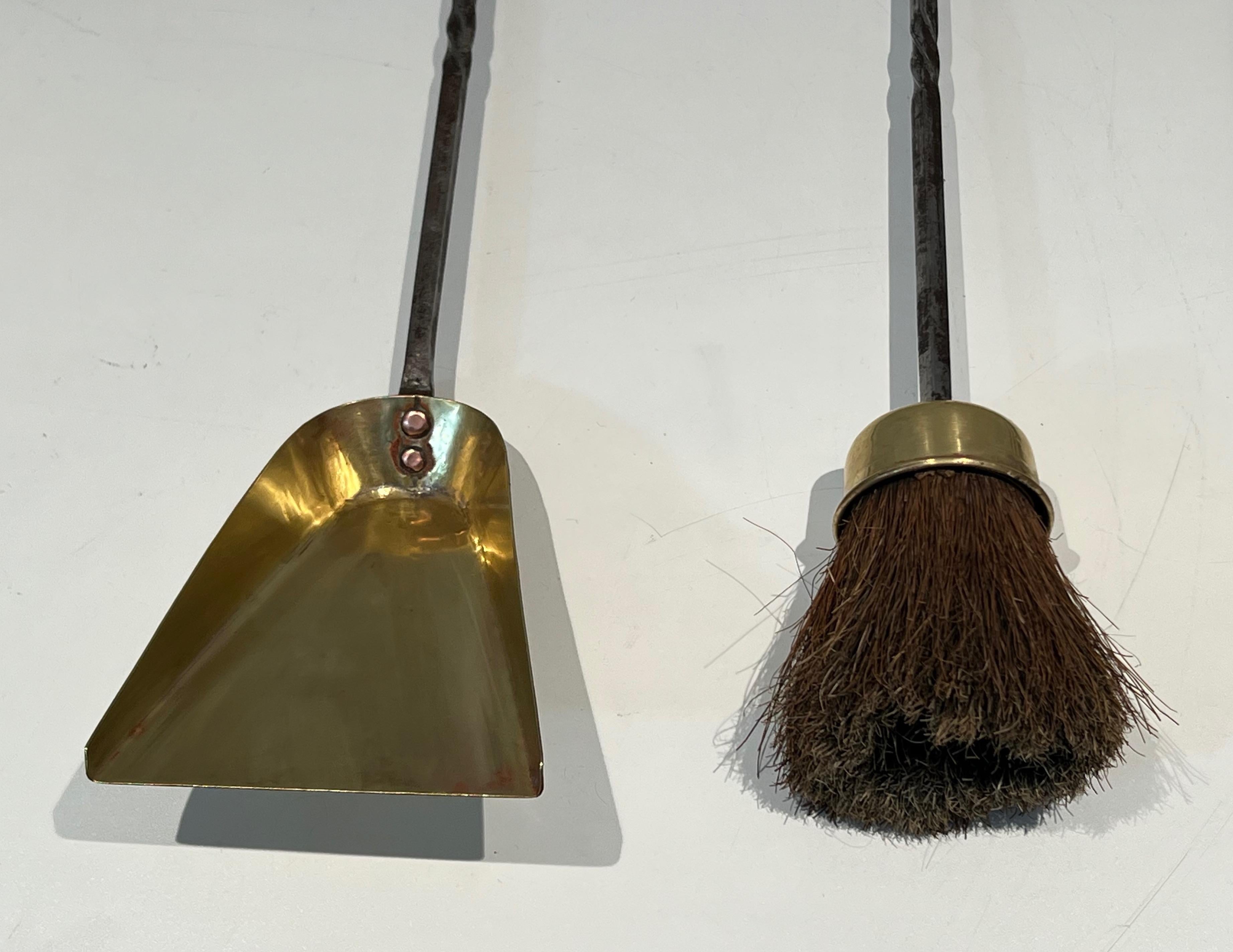 Brass and Brushed steel Fireplace Tools Attributed to Maison Jansen For Sale 11