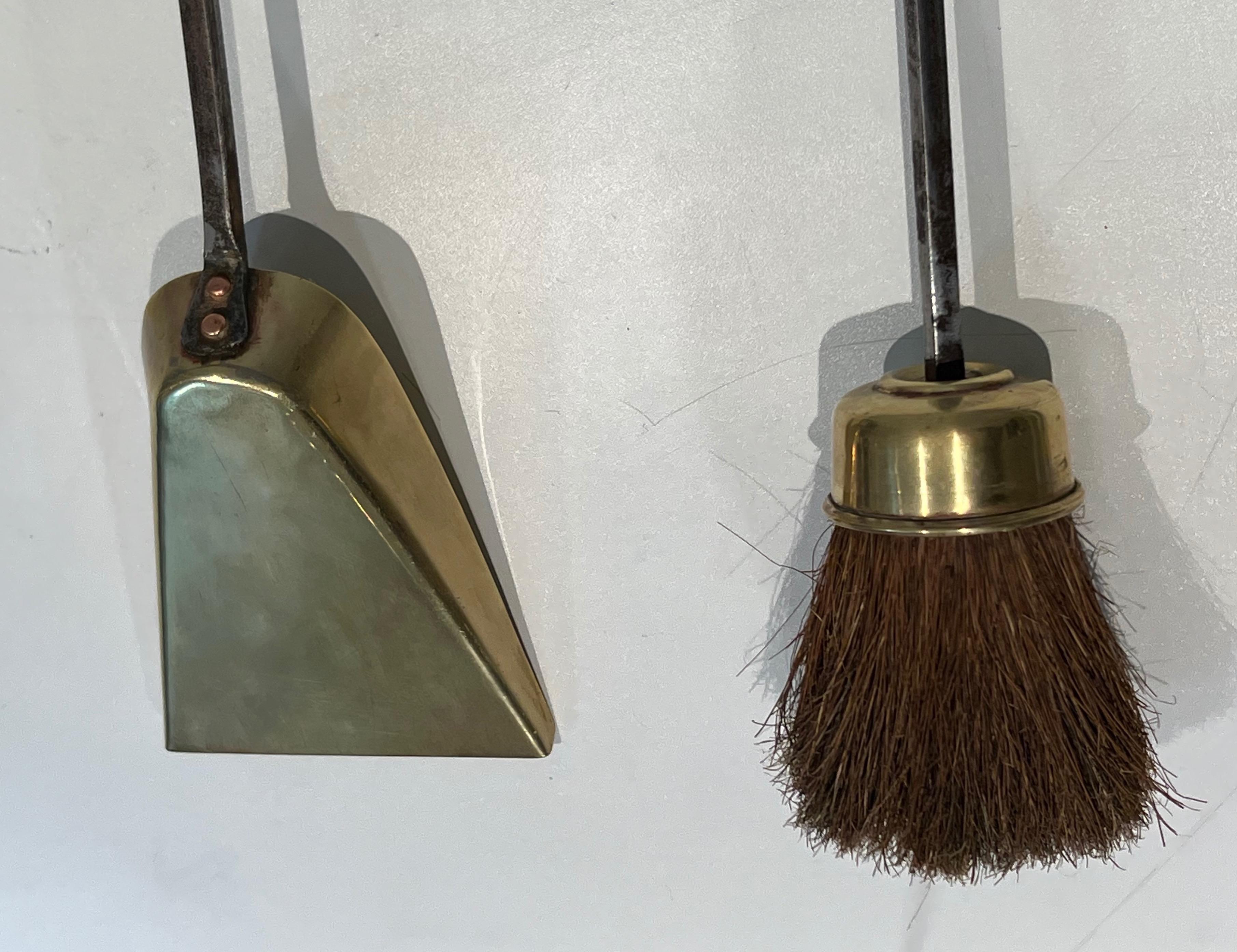 Brass and Brushed steel Fireplace Tools Attributed to Maison Jansen For Sale 12