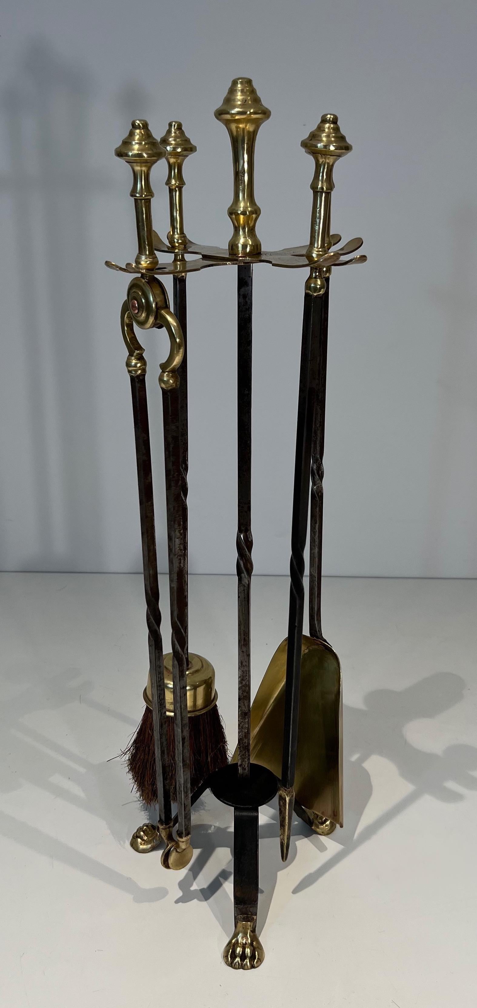 Brass and Brushed steel Fireplace Tools Attributed to Maison Jansen For Sale 14