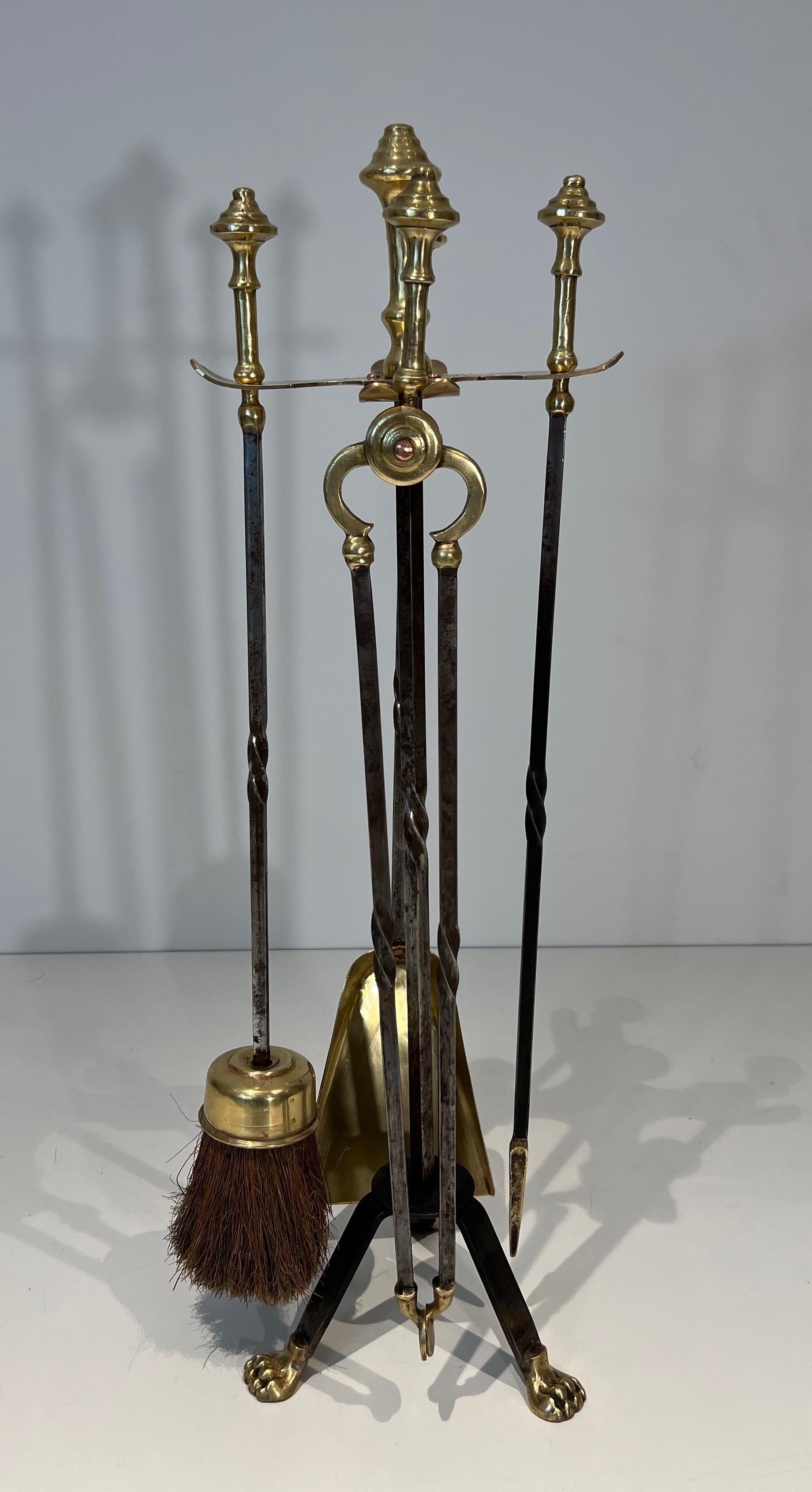 Neoclassical Brass and Brushed steel Fireplace Tools Attributed to Maison Jansen For Sale
