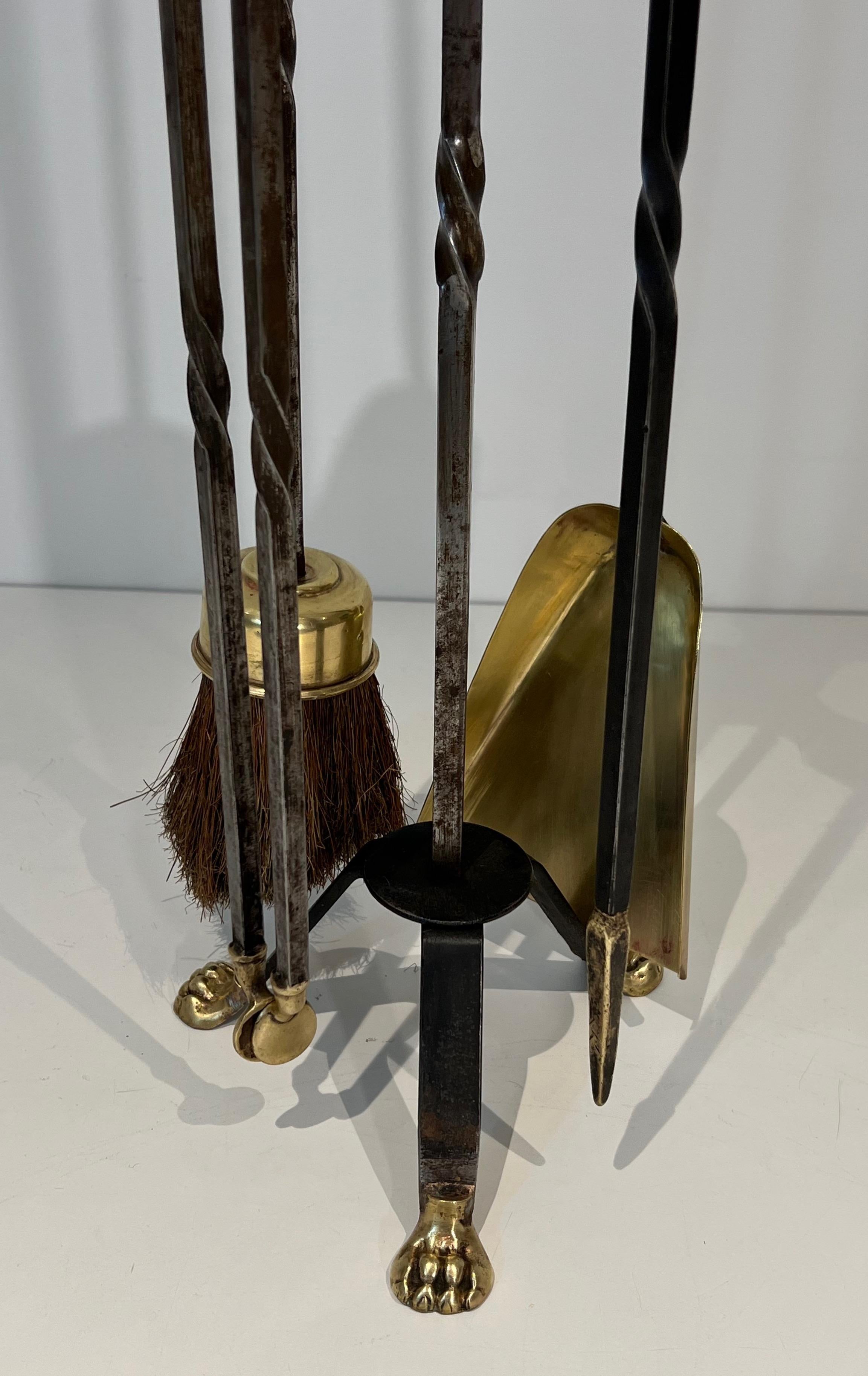 Mid-20th Century Brass and Brushed steel Fireplace Tools Attributed to Maison Jansen For Sale