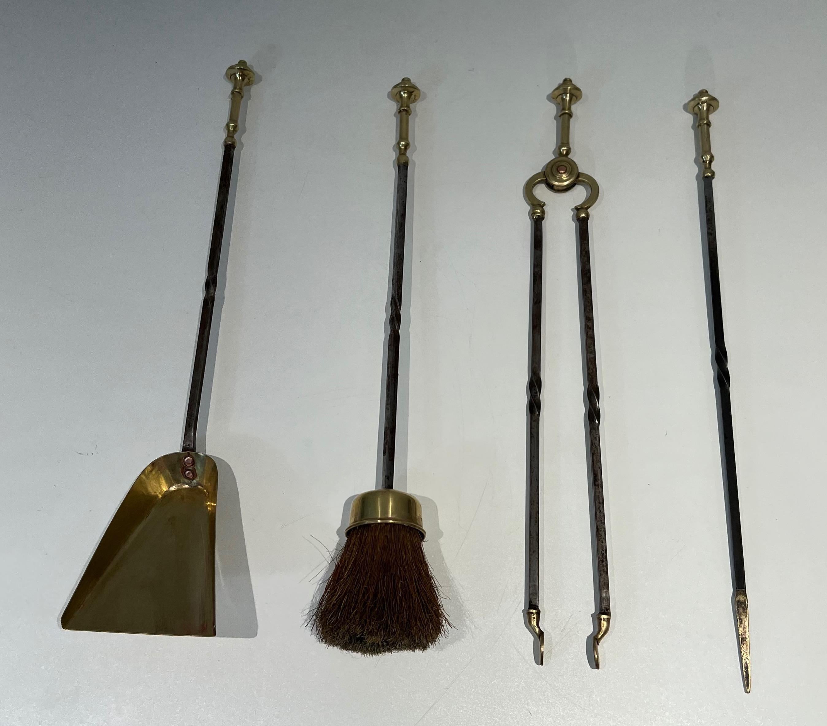Brass and Brushed steel Fireplace Tools Attributed to Maison Jansen For Sale 3