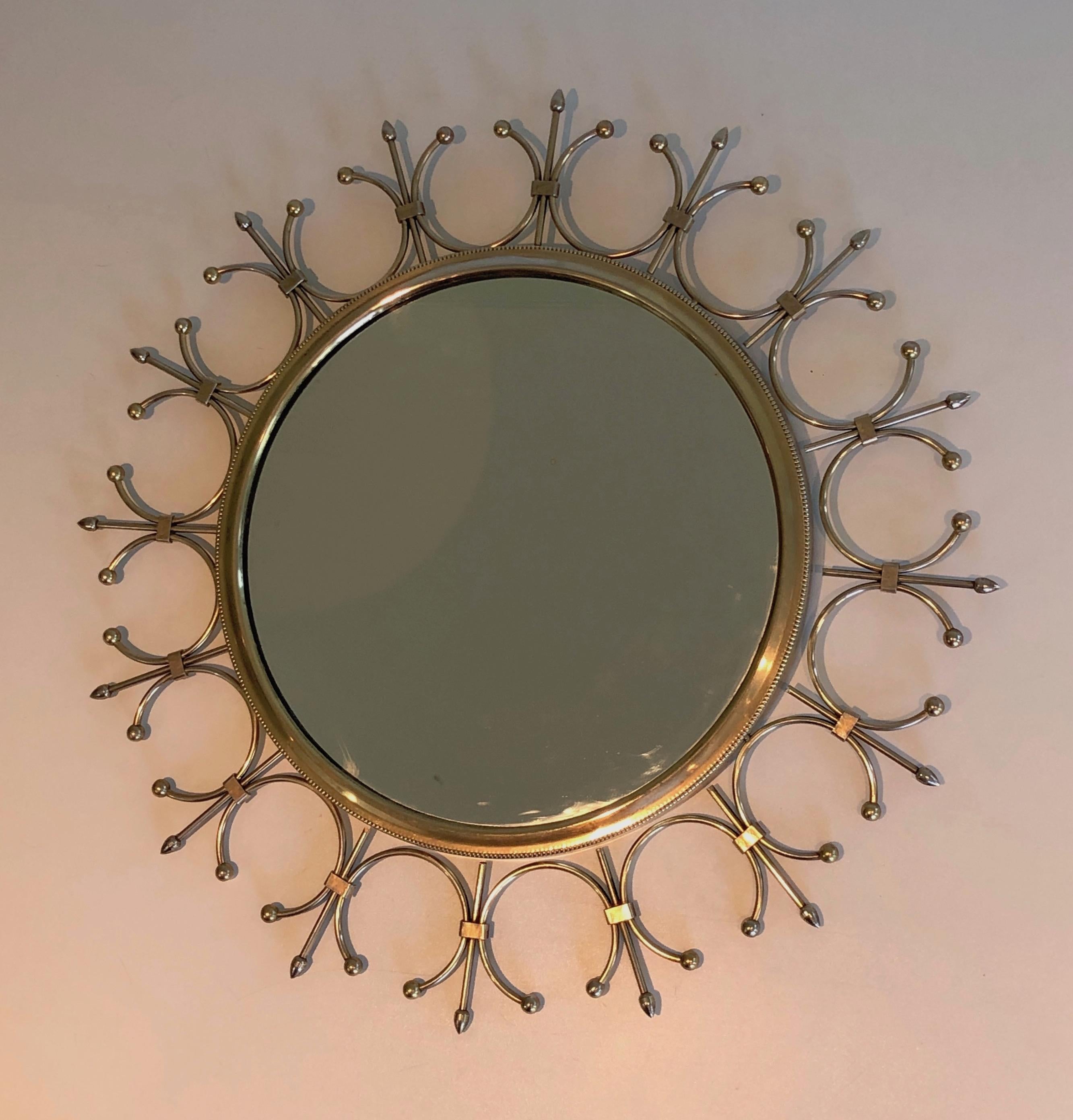 Brass and Brushed Steel Sunburst Mirror. French Work, Circa 1970 For Sale 5