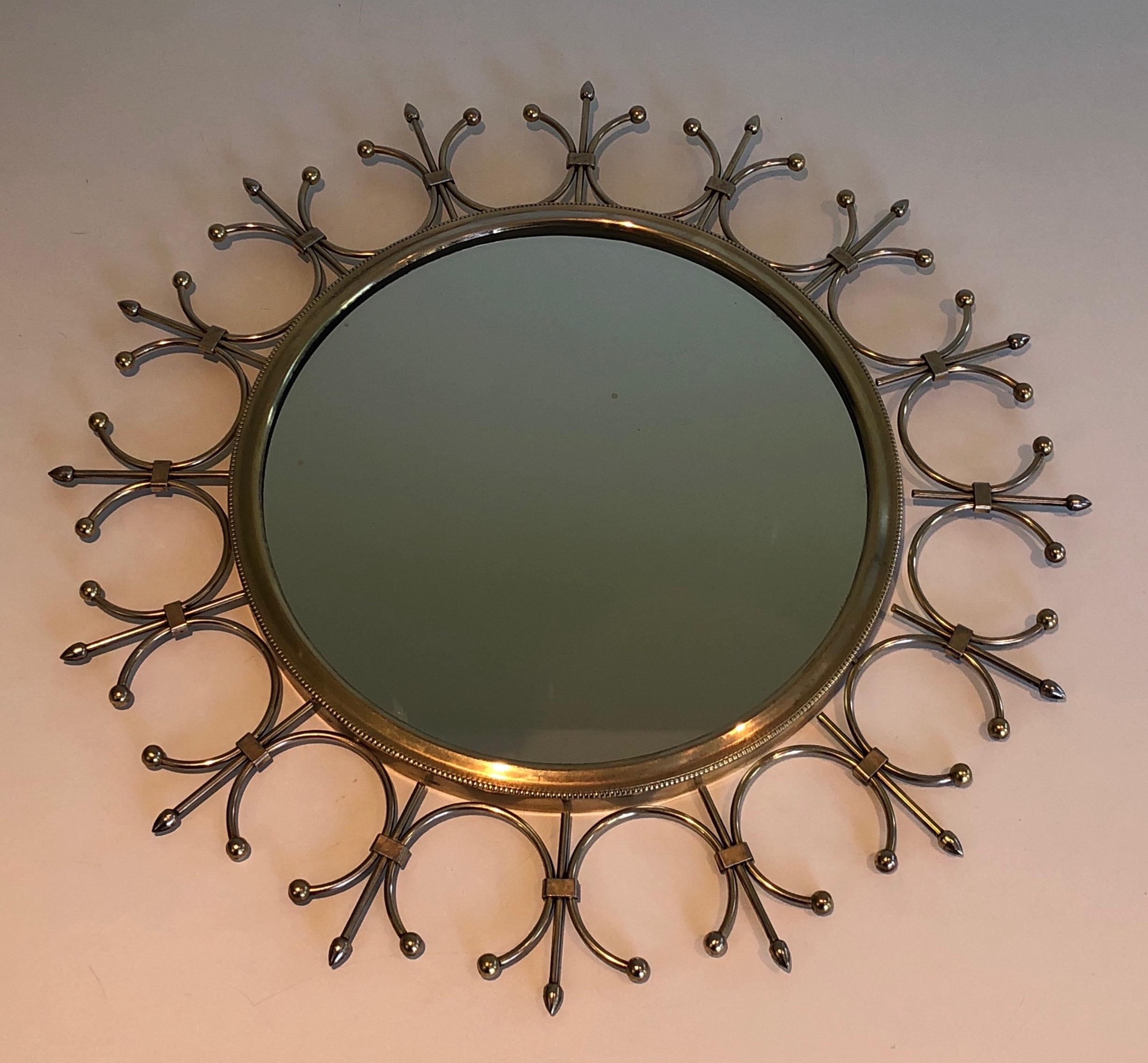 Brass and Brushed Steel Sunburst Mirror. French Work, Circa 1970 For Sale 9