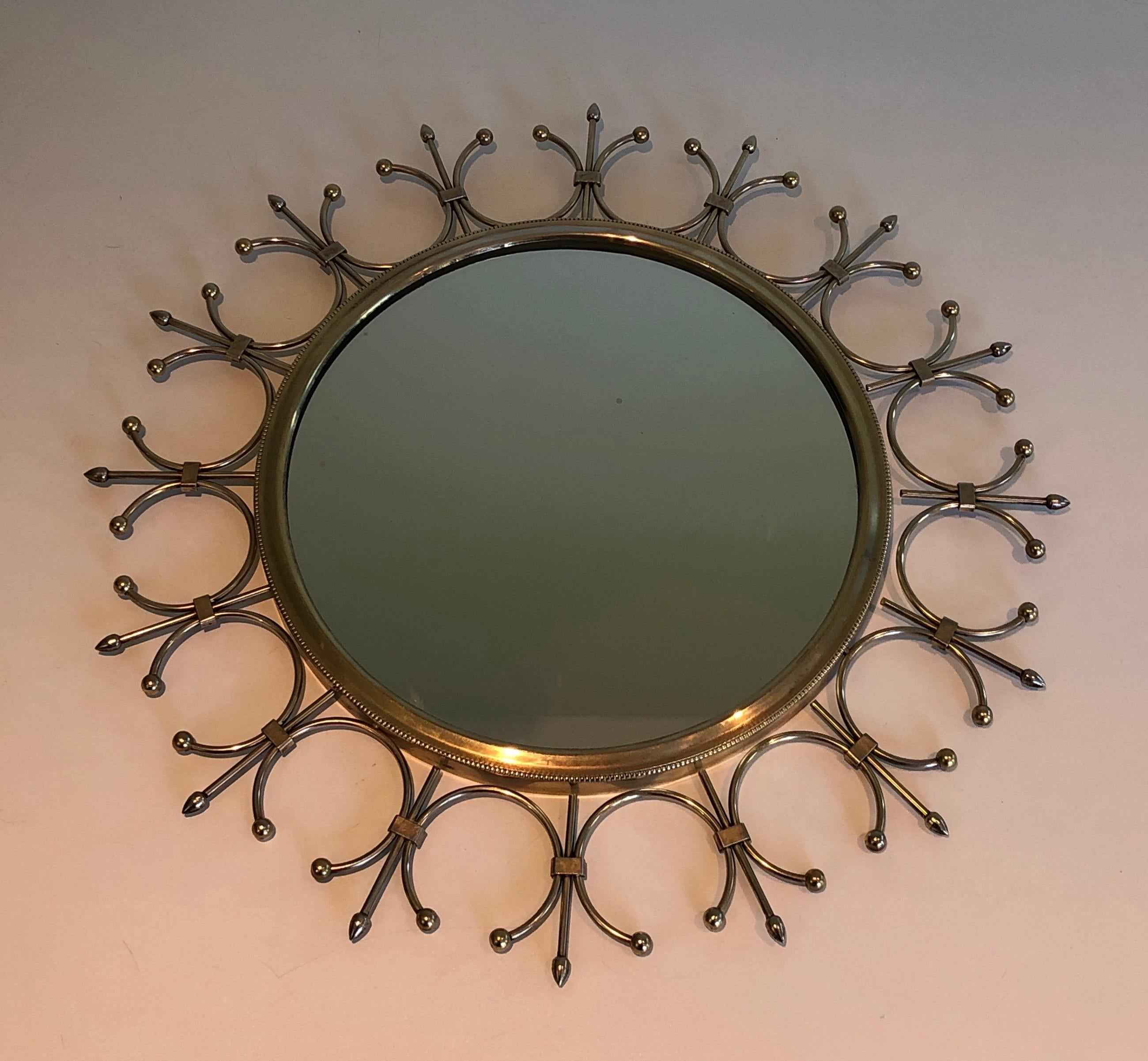 Brass and Brushed Steel Sunburst Mirror. French Work, Circa 1970 For Sale 10