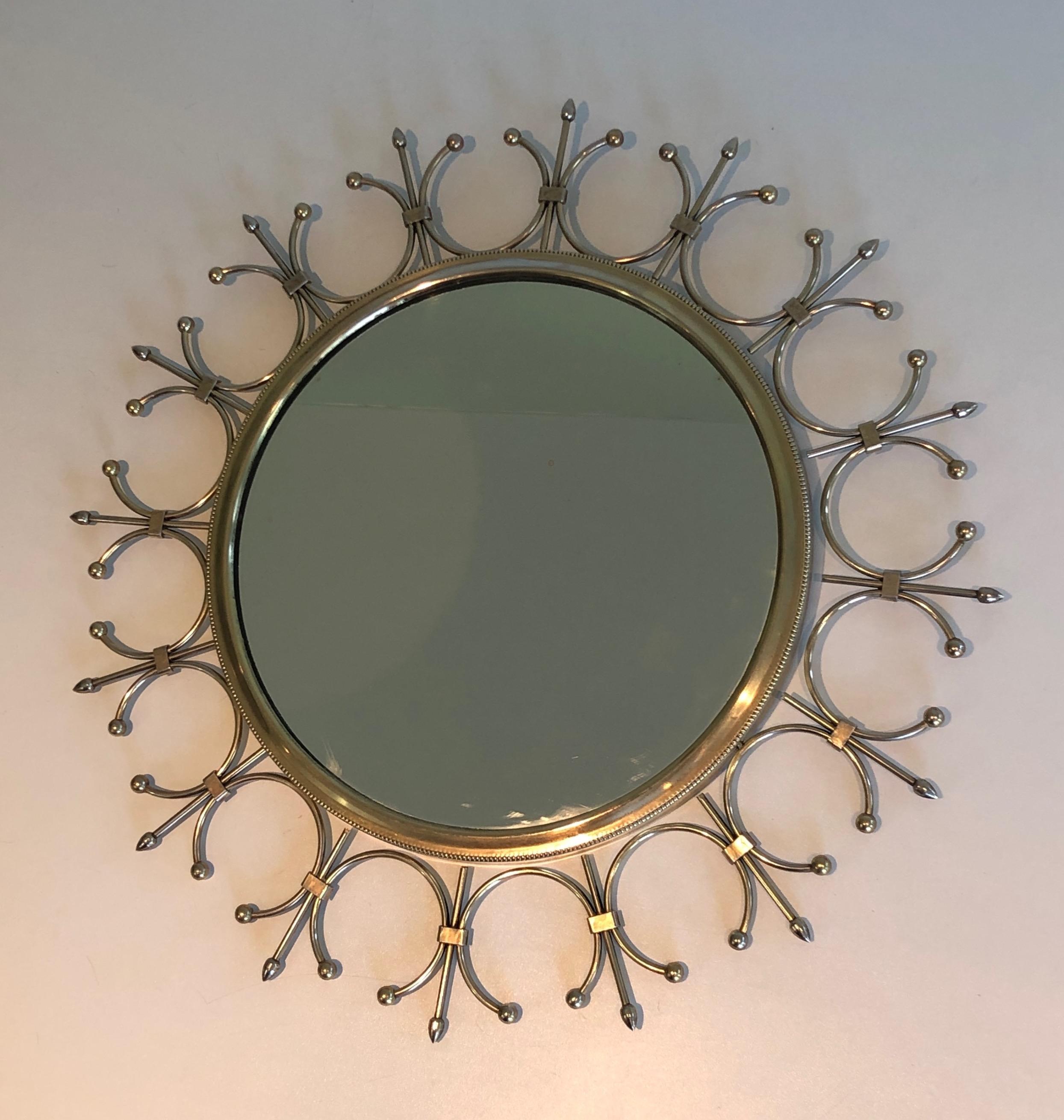 Mid-Century Modern Brass and Brushed Steel Sunburst Mirror. French Work, Circa 1970 For Sale
