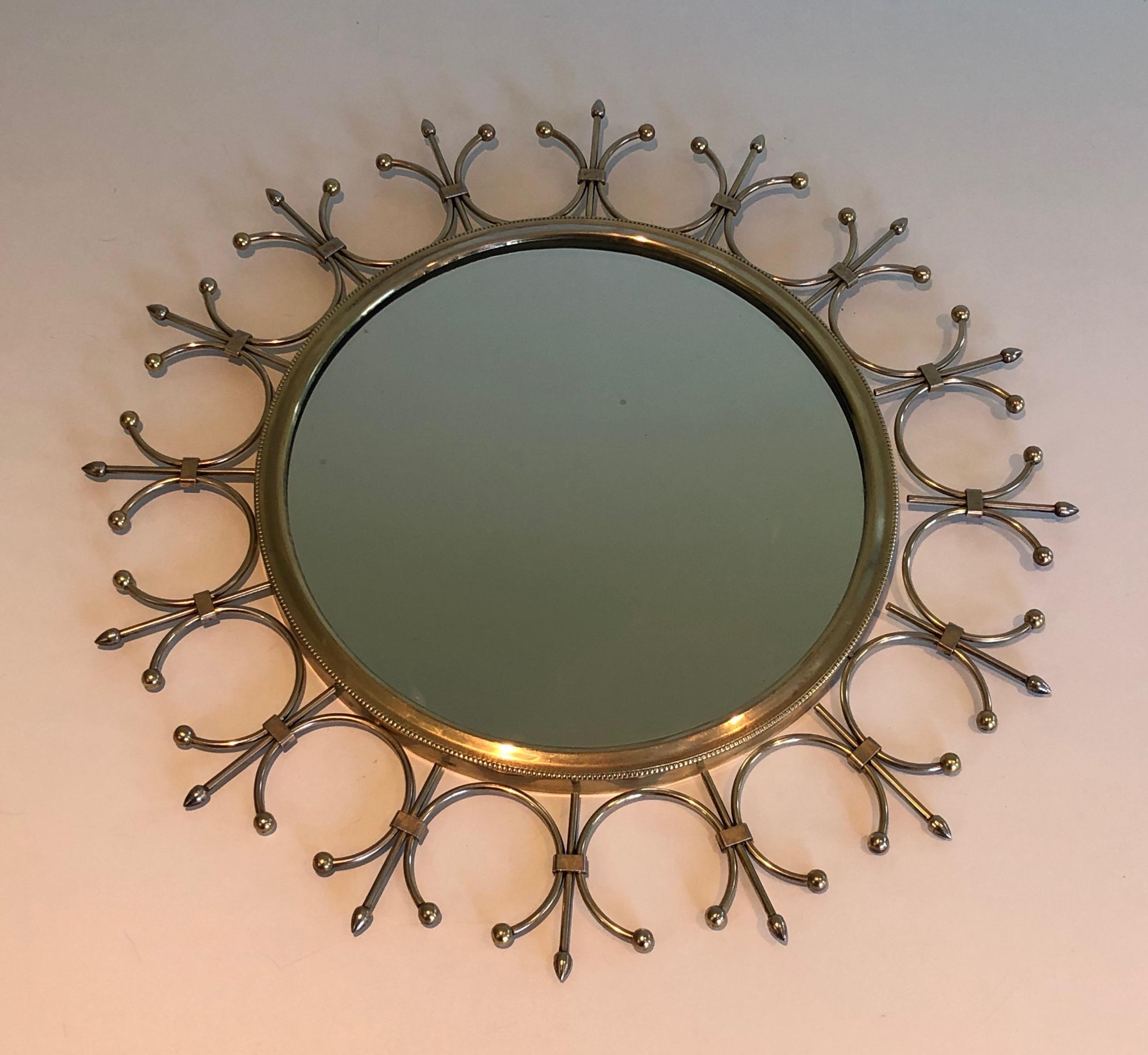 Brass and Brushed Steel Sunburst Mirror. French Work, Circa 1970 In Good Condition For Sale In Marcq-en-Barœul, Hauts-de-France