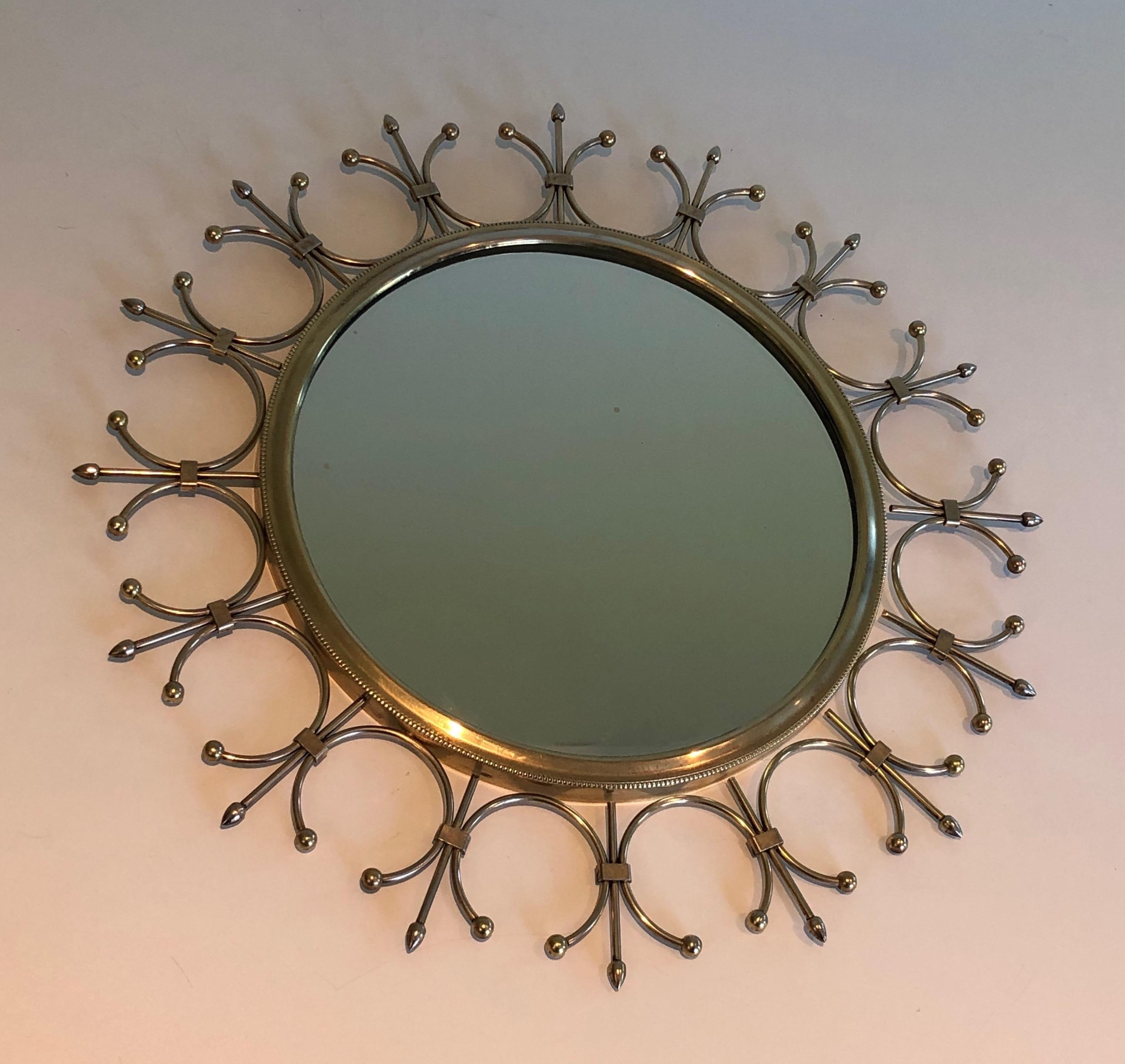Late 20th Century Brass and Brushed Steel Sunburst Mirror. French Work, Circa 1970 For Sale