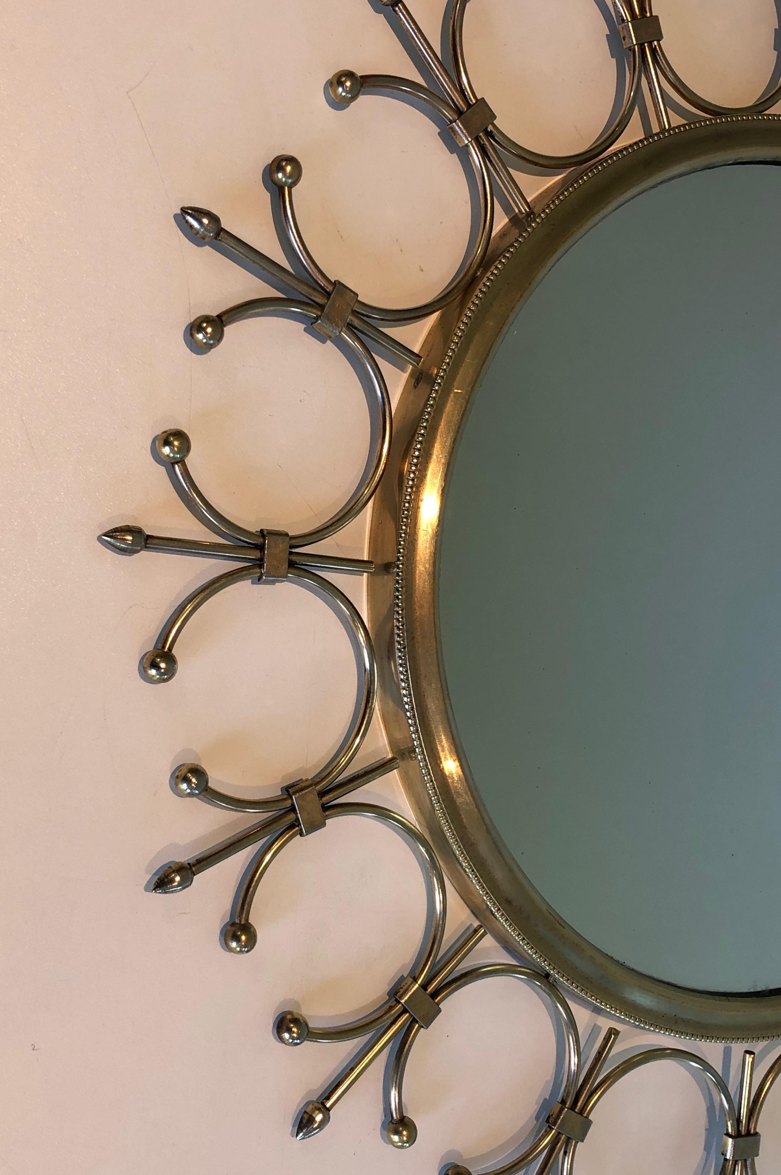 Brass and Brushed Steel Sunburst Mirror. French Work, Circa 1970 For Sale 1