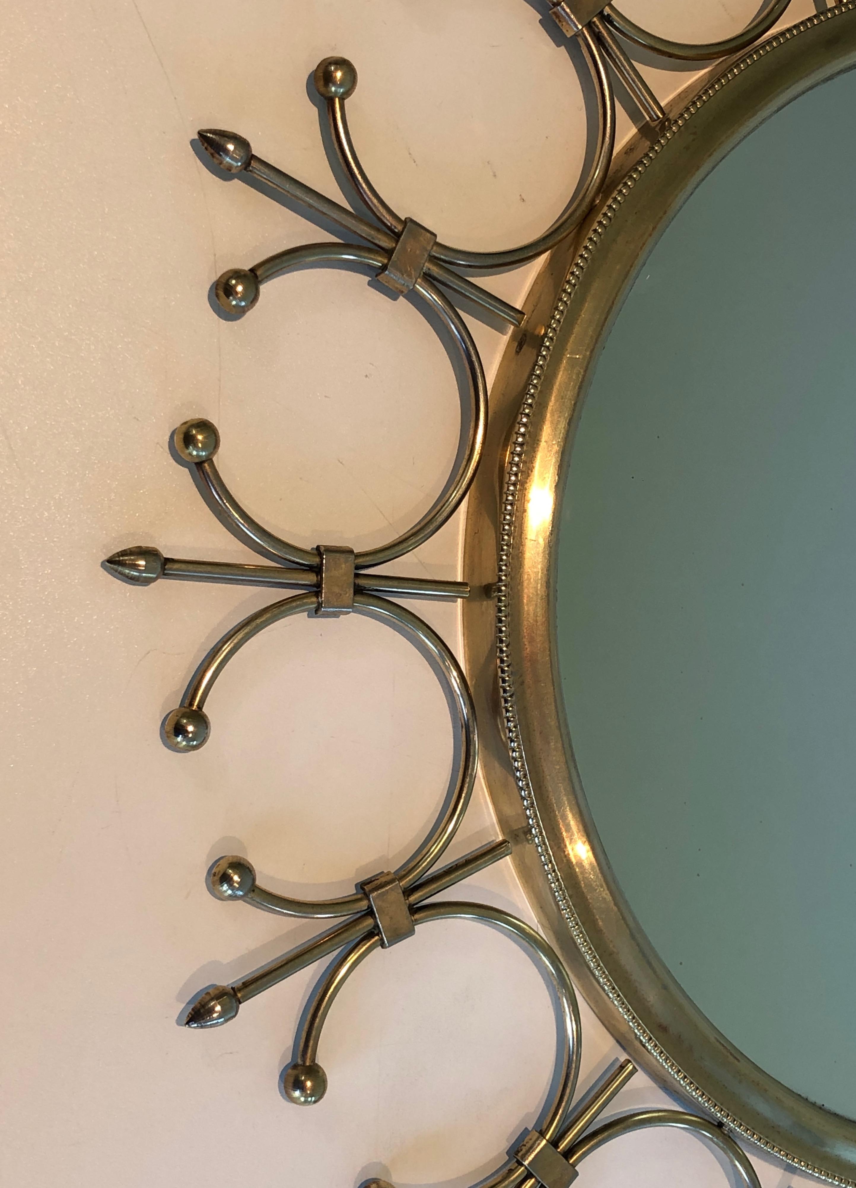 Brass and Brushed Steel Sunburst Mirror. French Work, Circa 1970 For Sale 2