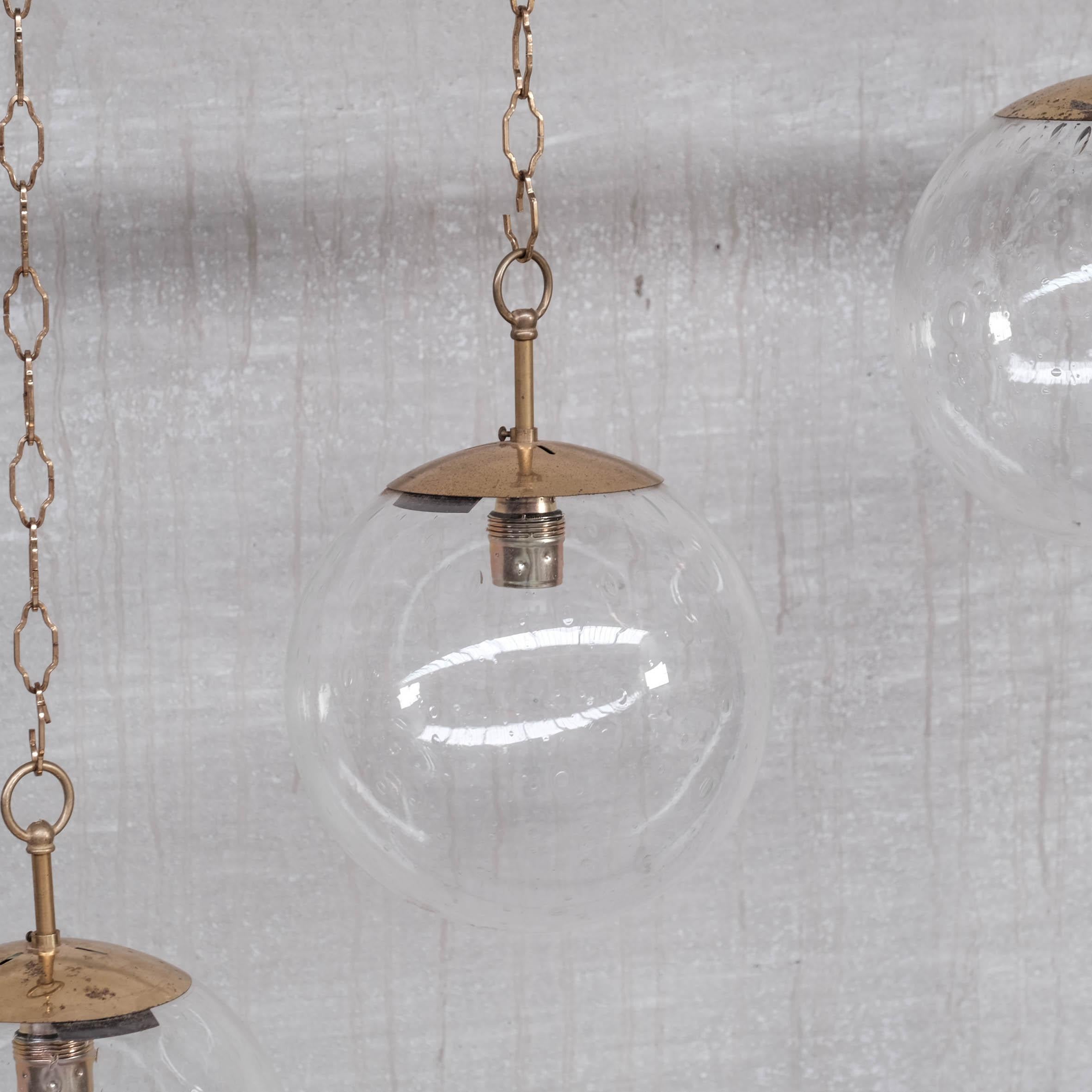 Dutch Brass and Bubble Glass Mid-Century Pendants, '3 Available' For Sale