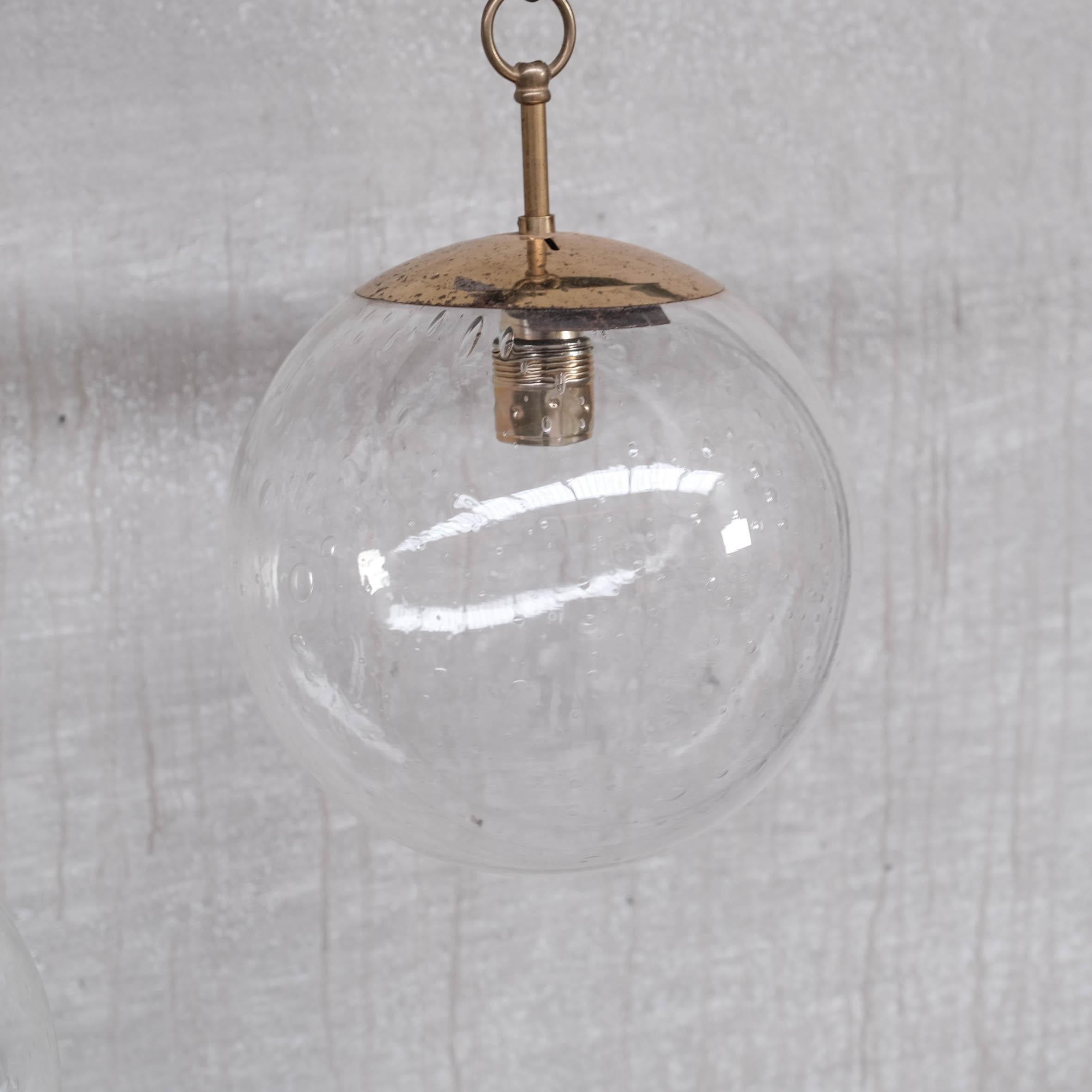 Brass and Bubble Glass Mid-Century Pendants, '3 Available' In Good Condition For Sale In London, GB