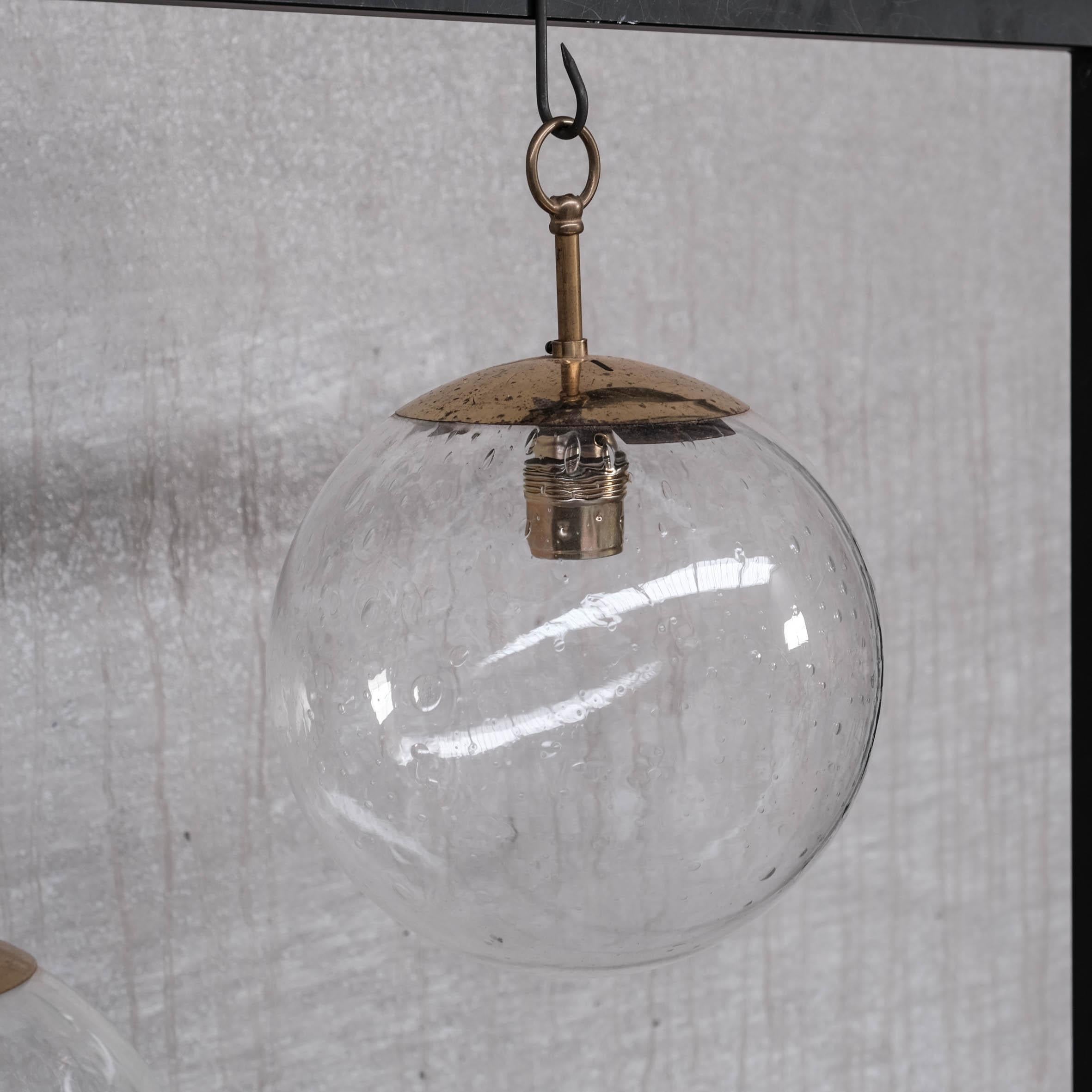Brass and Bubble Glass Mid-Century Pendants, '3 Available' For Sale 3