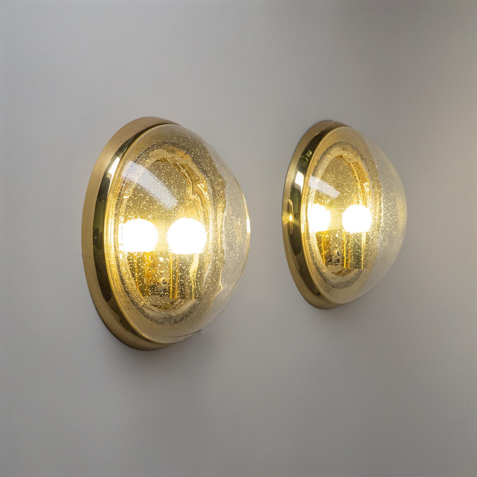 Space Age Large Brass and Bubble Glass Wall Lights, 1970s For Sale