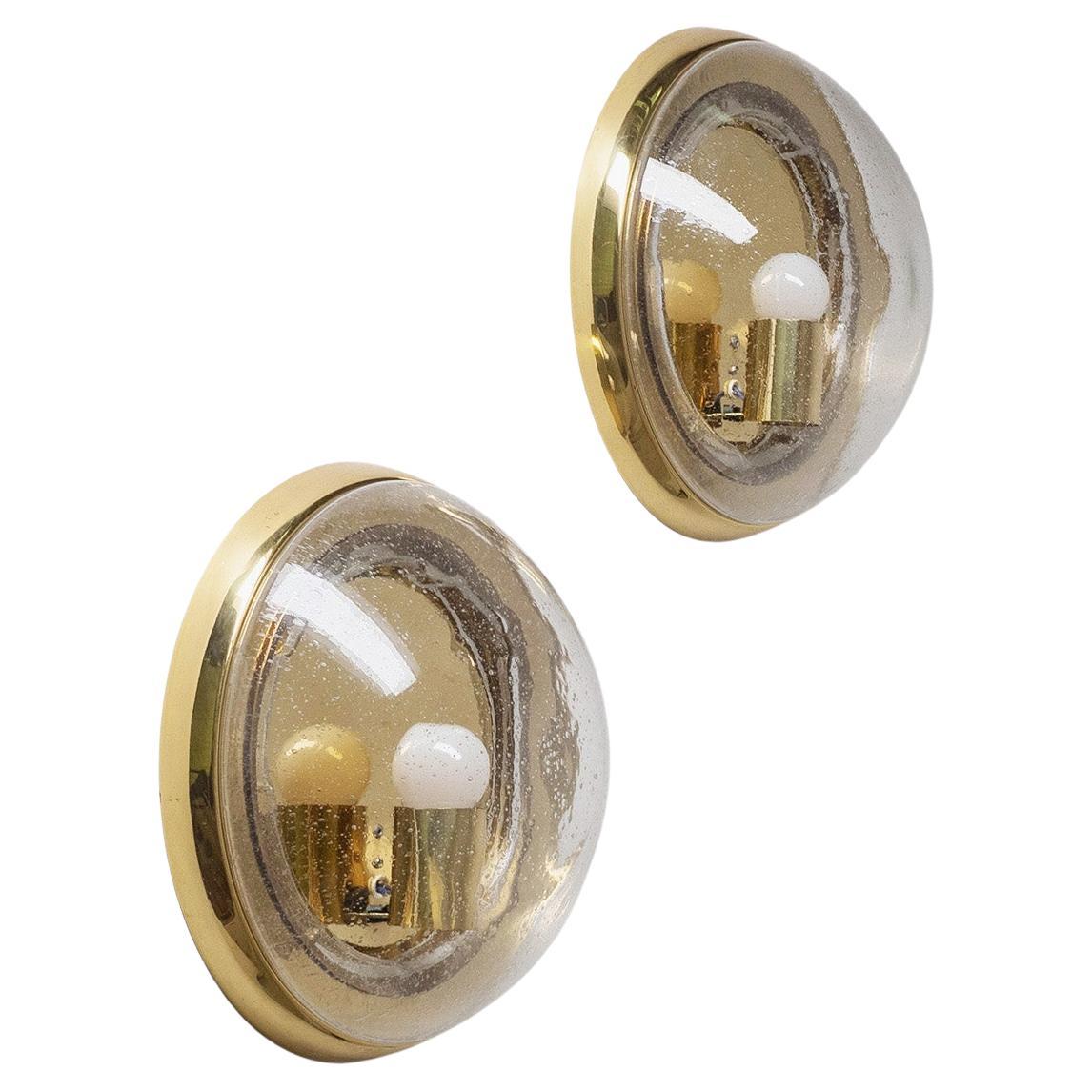 Large Brass and Bubble Glass Wall Lights, 1970s For Sale