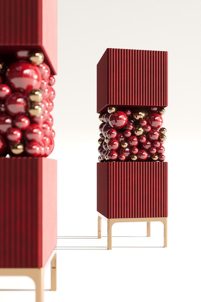 Post-Modern Brass And Burgundy Bubbles Decorative Cabinet by PANOPTIKUM COLLECTIONS For Sale