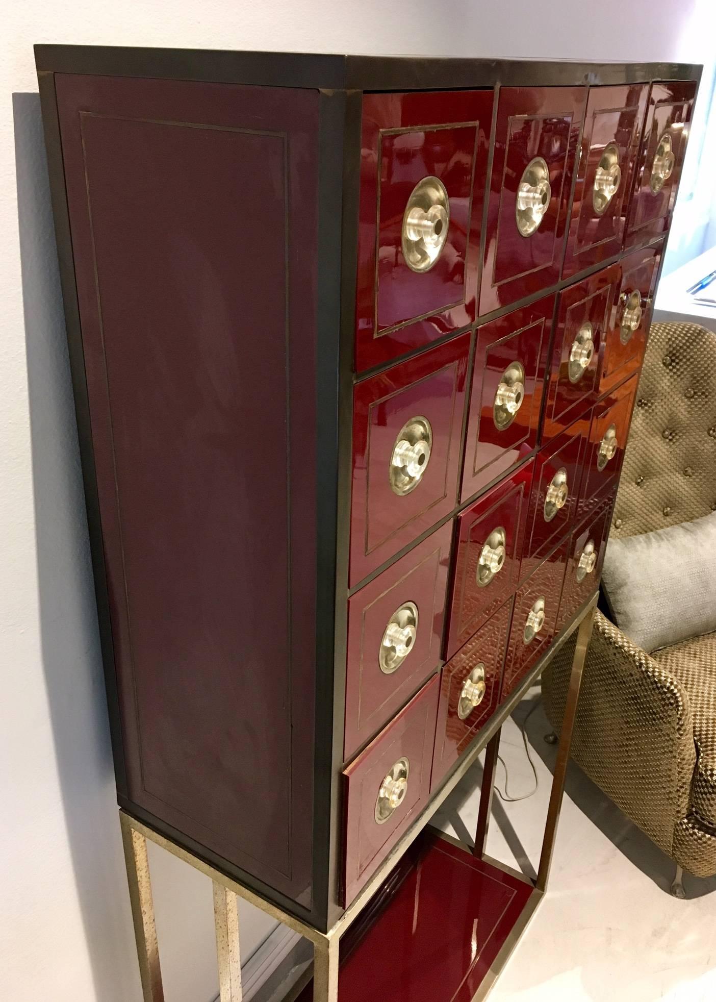 Brass and Burgundy Red Cabinet with 16 Drawers in the Style of Willy Rizzo In Fair Condition In Madrid, ES