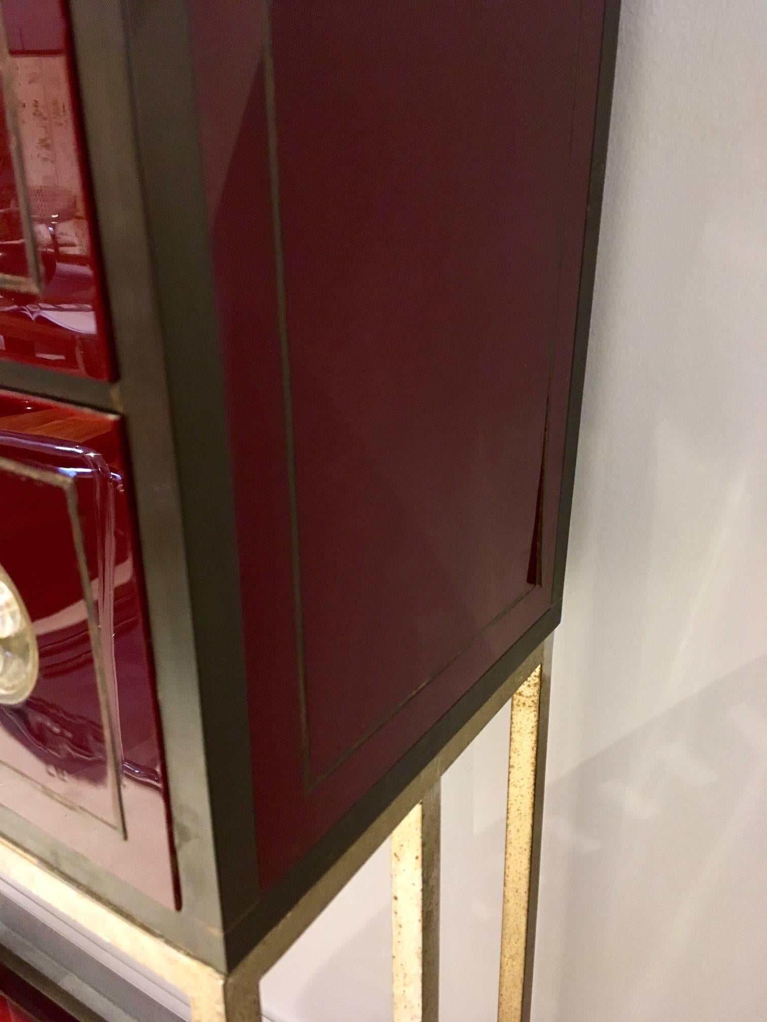 Brass and Burgundy Red Cabinet with 16 Drawers in the Style of Willy Rizzo 1