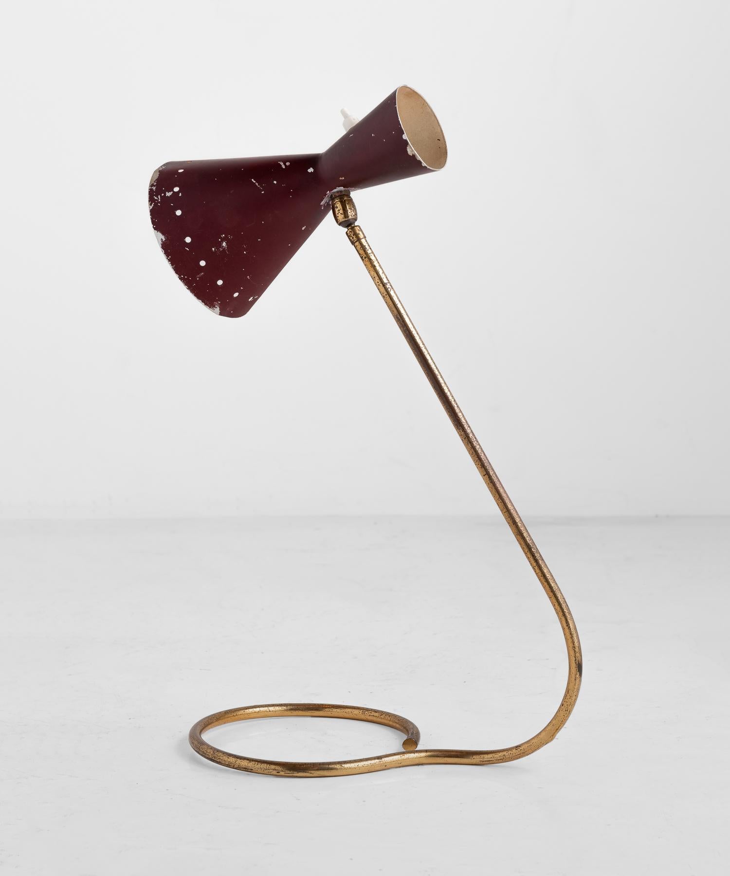 Mid-Century Modern Brass and Burgundy Table Lamp, circa 1950
