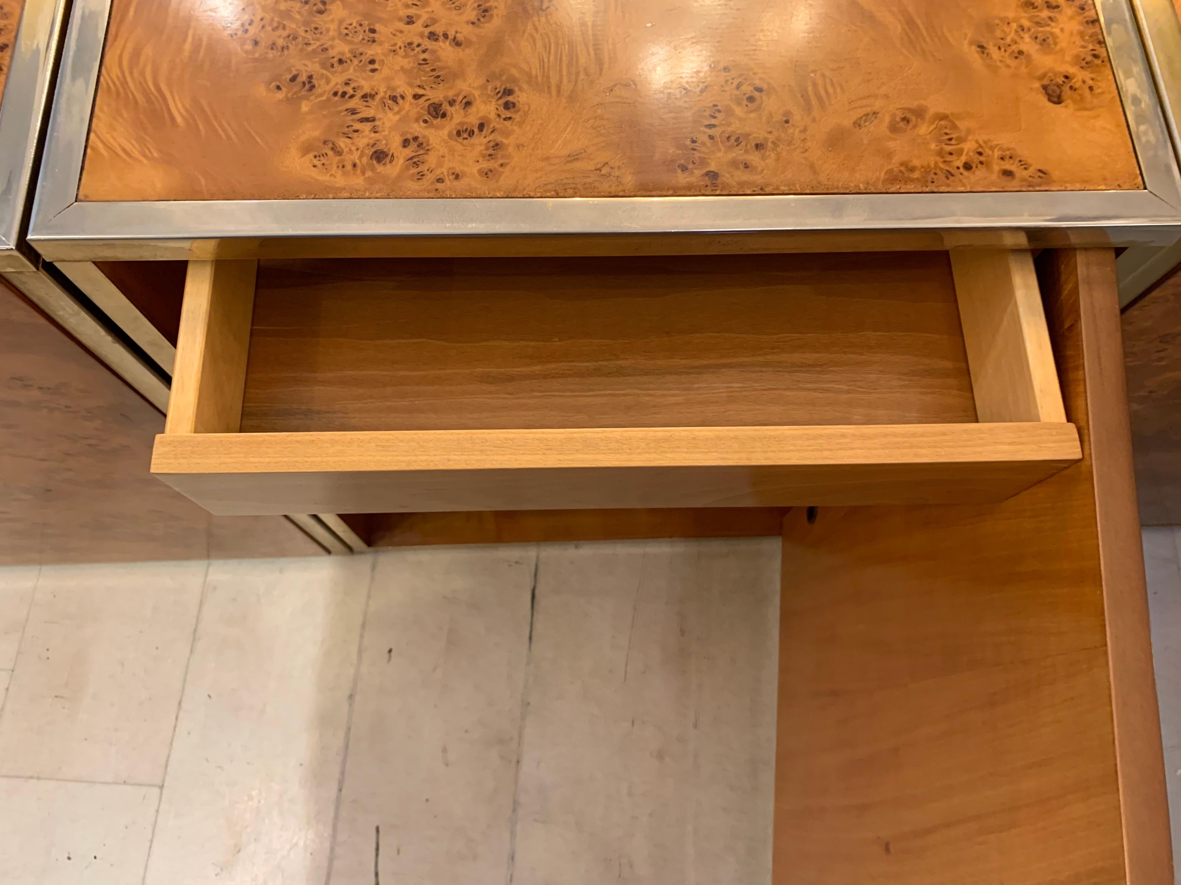 Brass and Burl Wood Italian Sectional Credenza, 1970 10