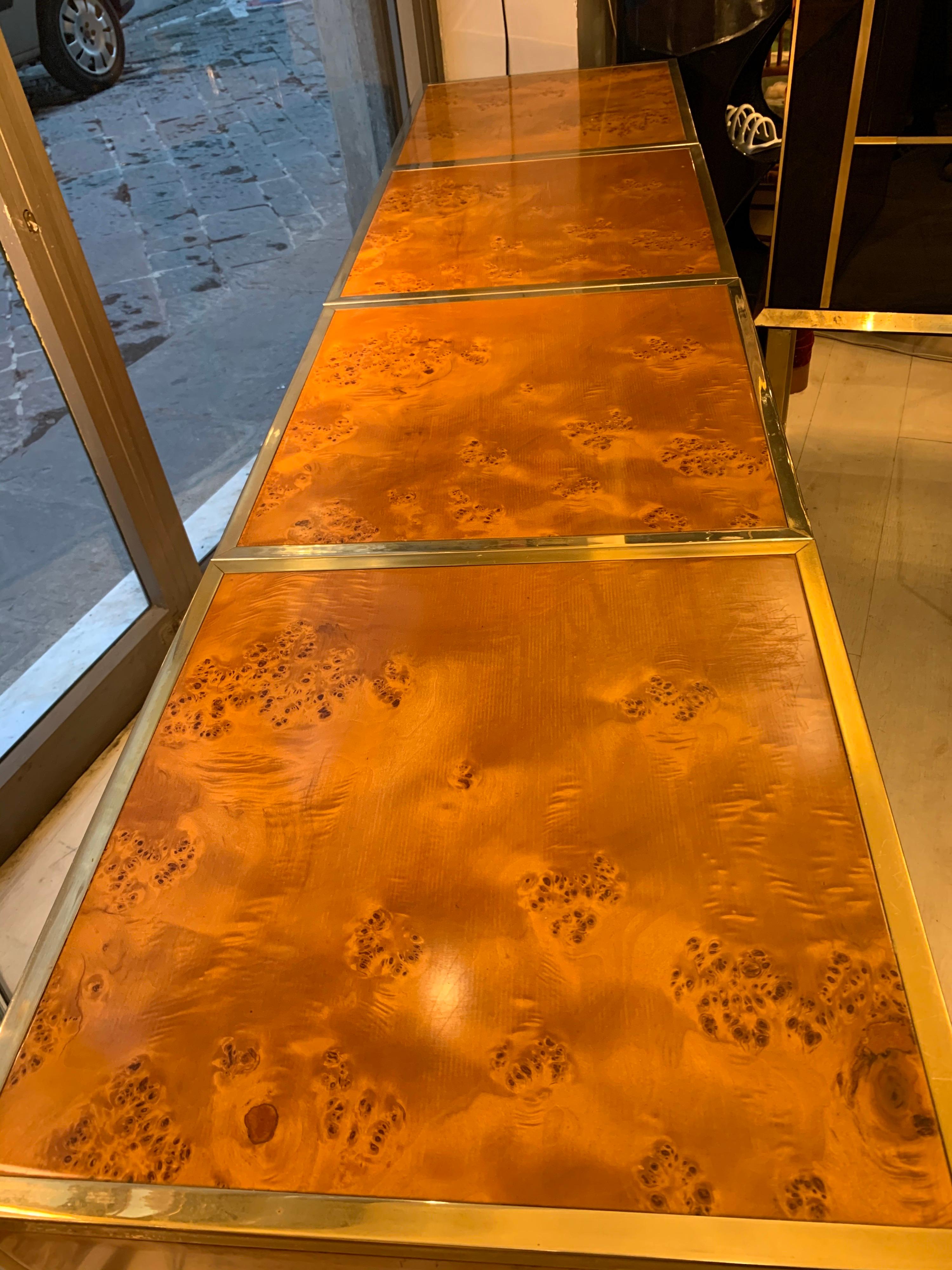 Brass and Burl Wood Italian Sectional Credenza, 1970 14