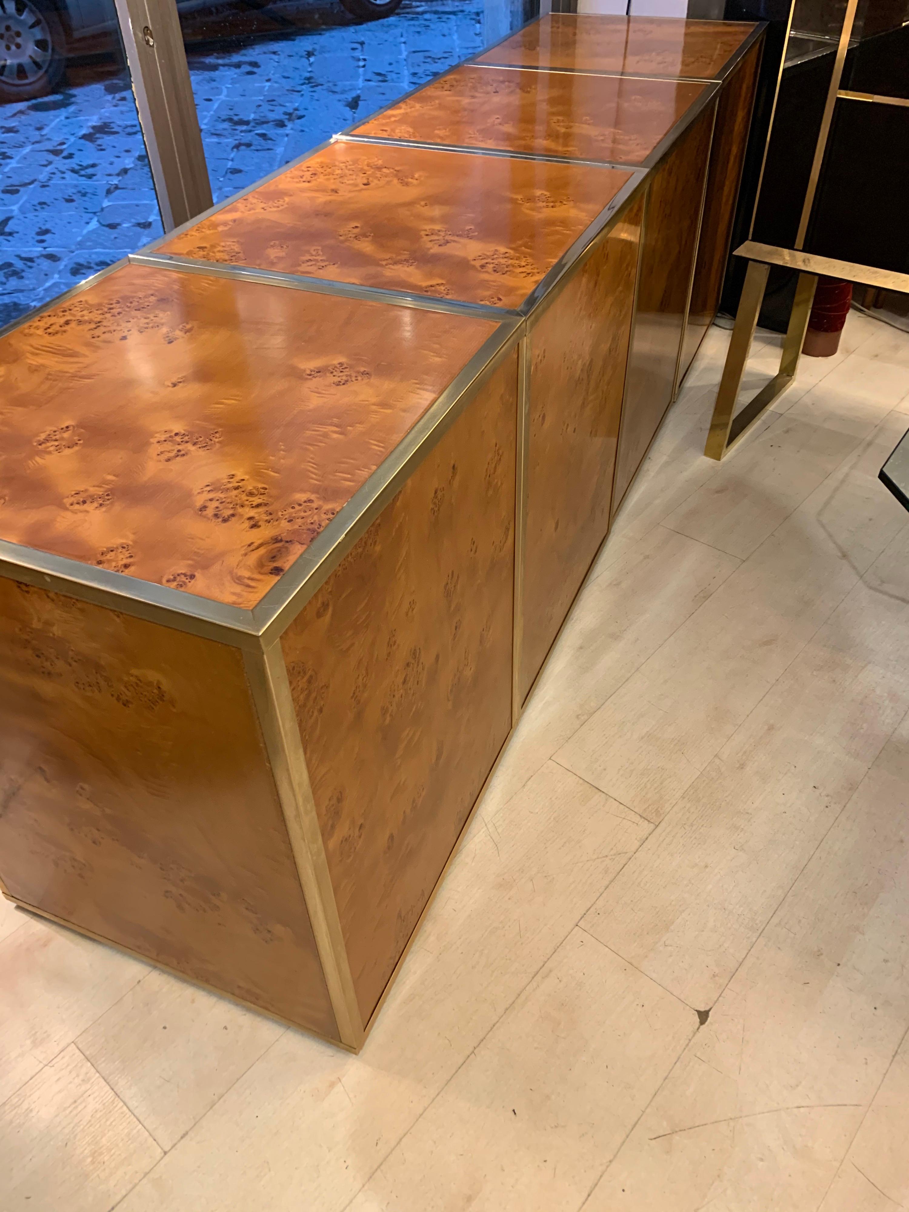 Brass and Burl Wood Italian Sectional Credenza, 1970 15