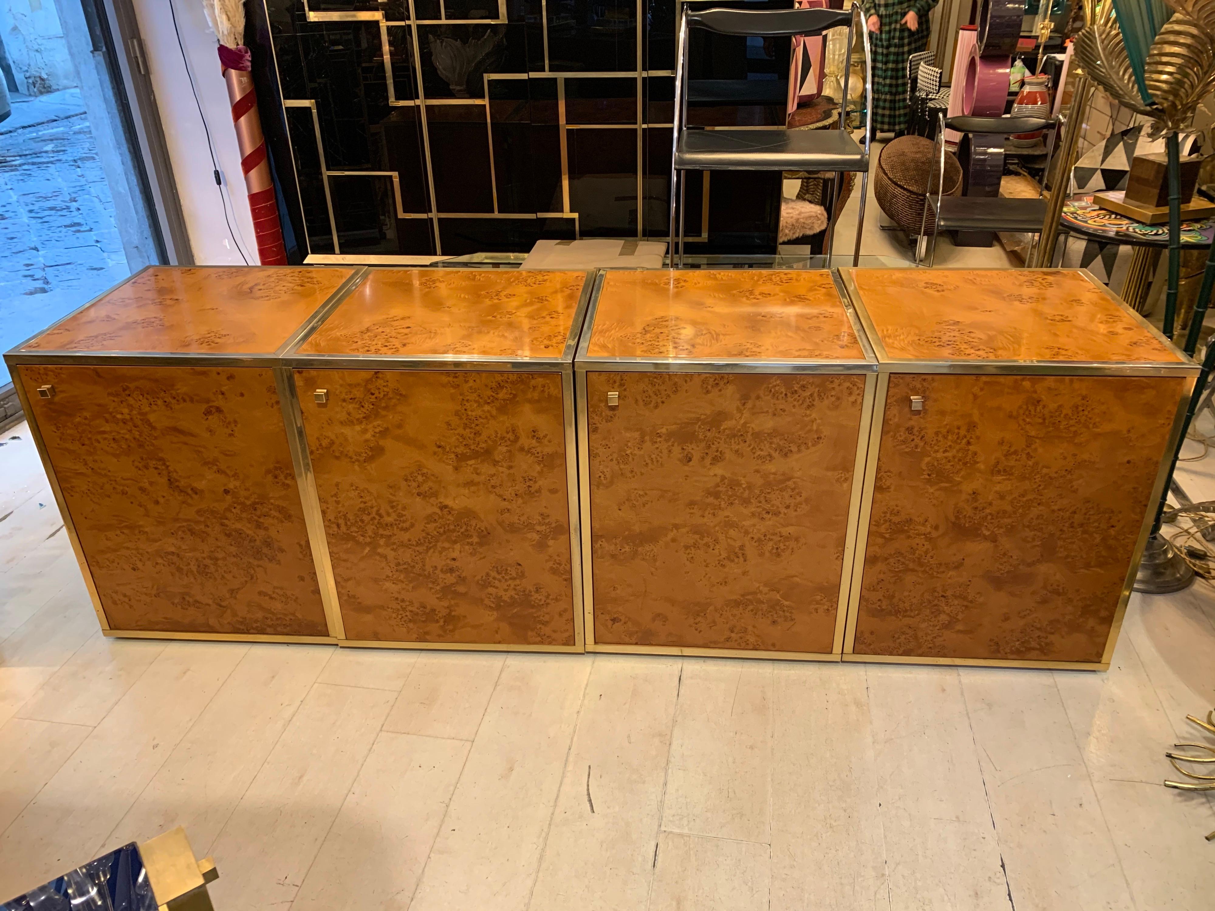 Mid-Century Modern Brass and Burl Wood Italian Sectional Credenza, 1970