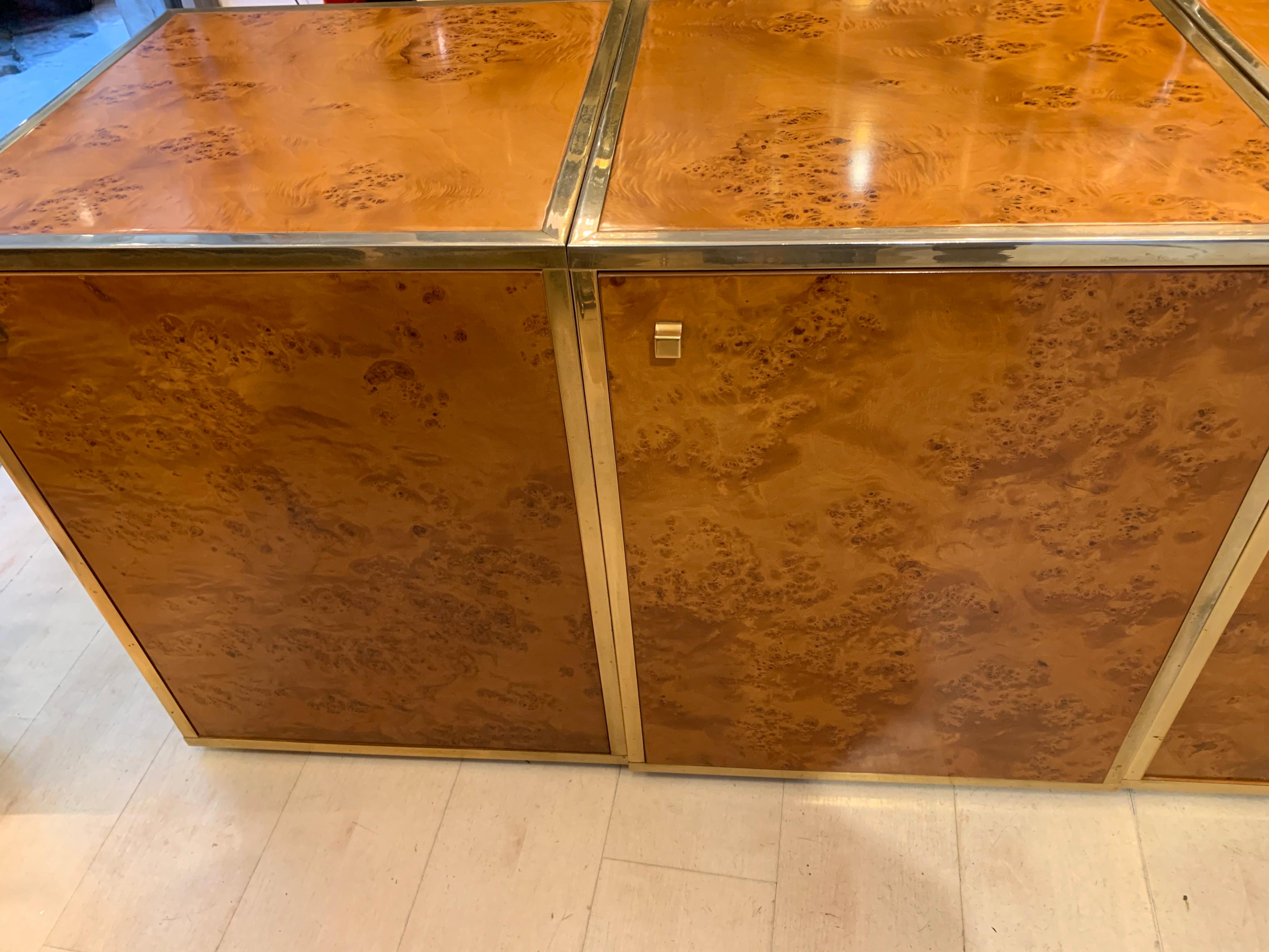 20th Century Brass and Burl Wood Italian Sectional Credenza, 1970