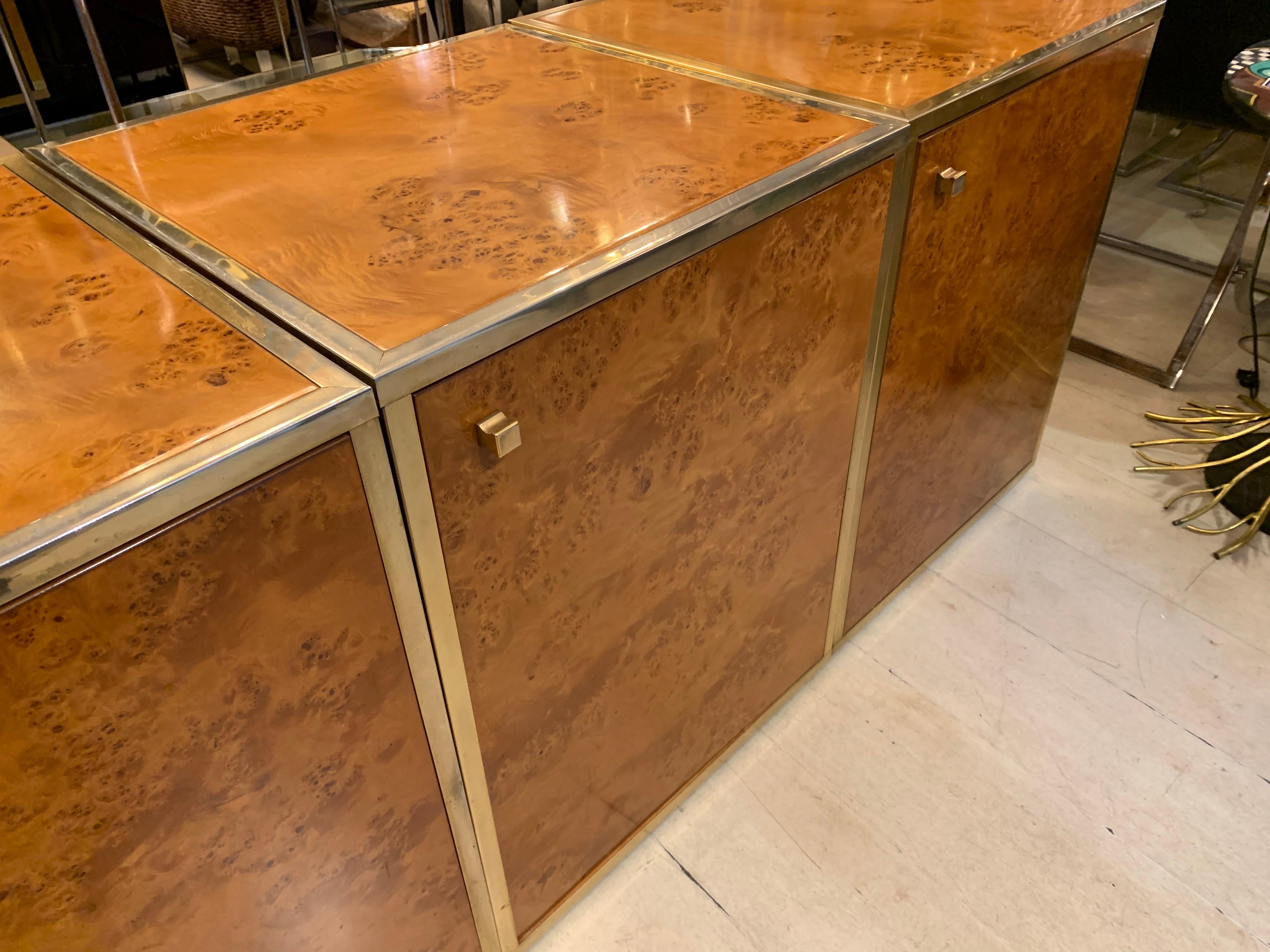 Brass and Burl Wood Italian Sectional Credenza, 1970 1