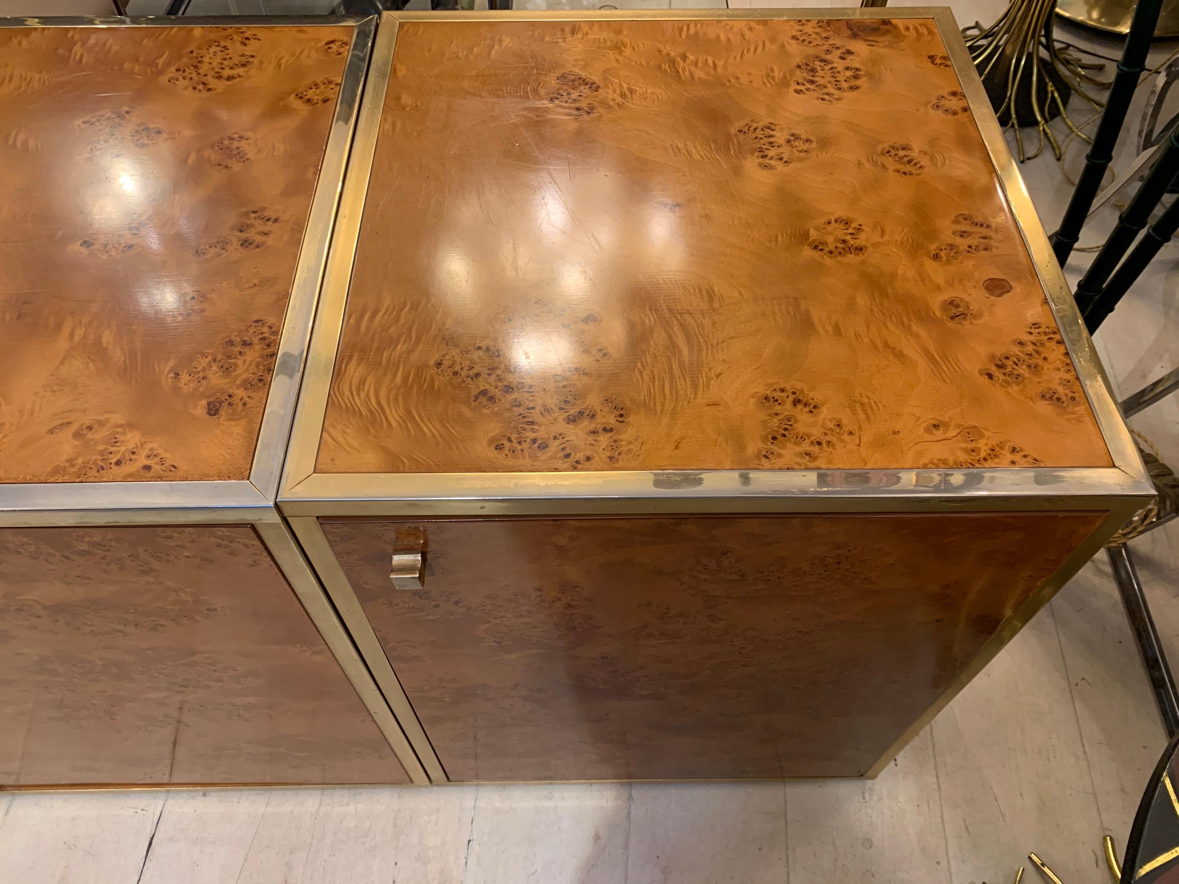 Brass and Burl Wood Italian Sectional Credenza, 1970 2