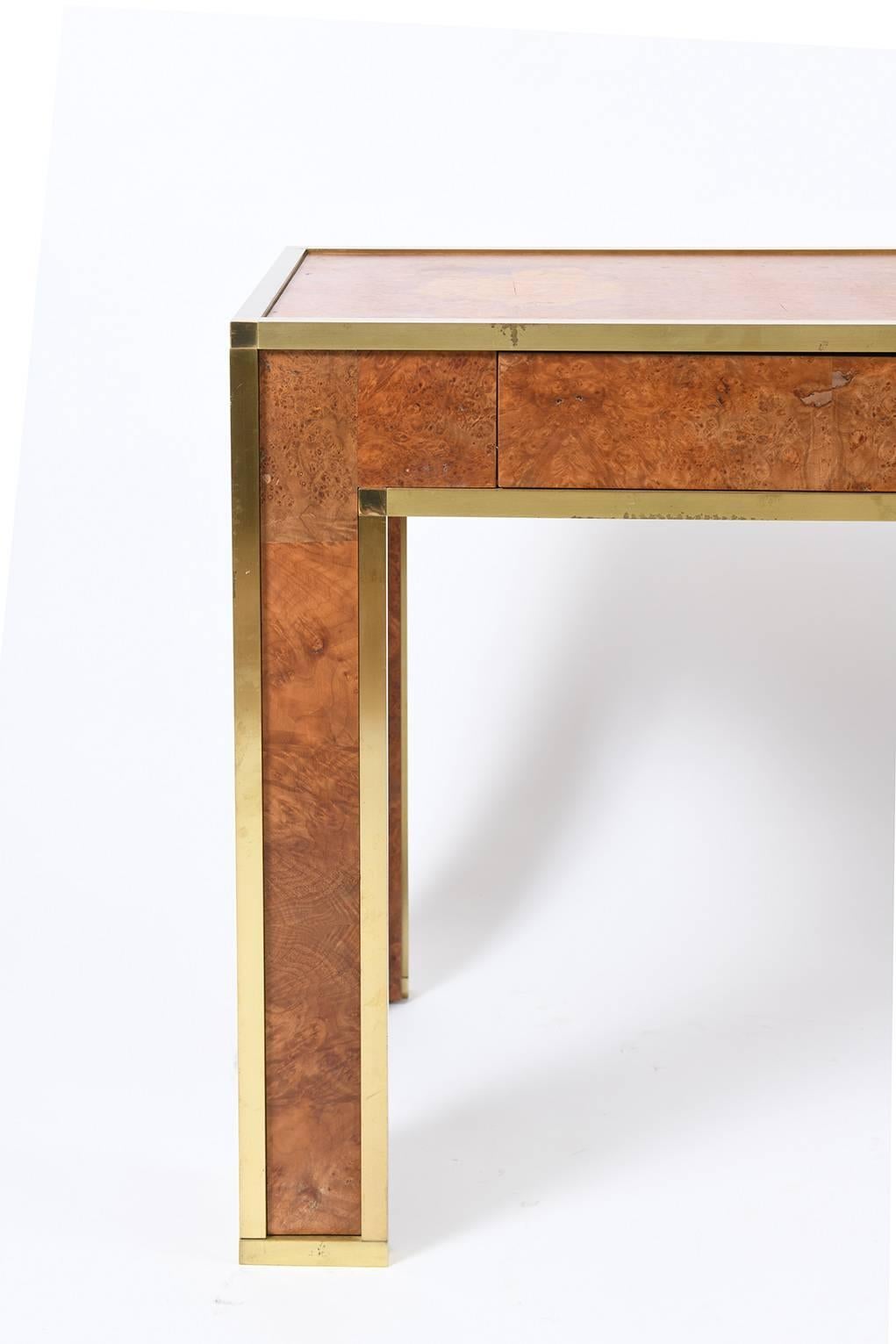 Mid-Century Modern Brass and Burr Walnut Console Table, France, 1970s