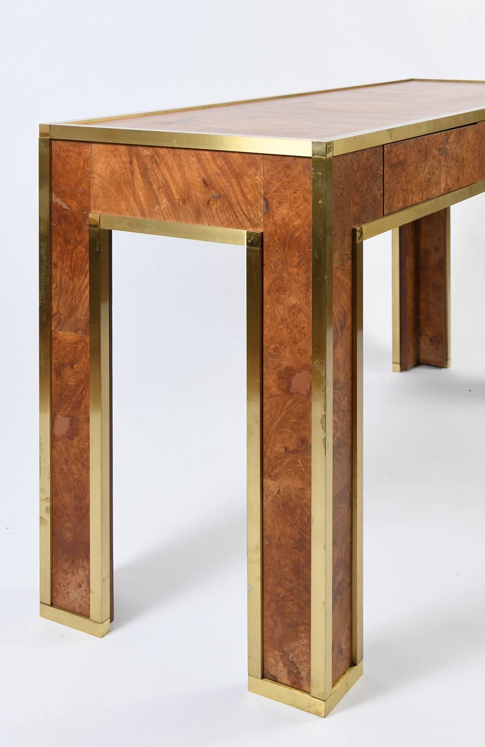 Brass and Burr Walnut Console Table, France, 1970s In Good Condition In London, GB