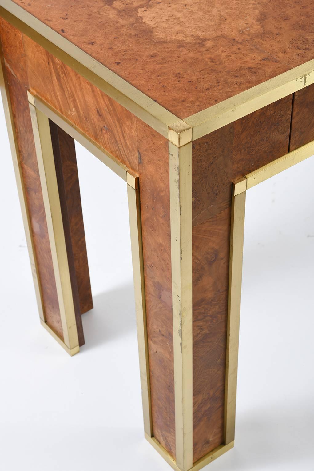 20th Century Brass and Burr Walnut Console Table, France, 1970s