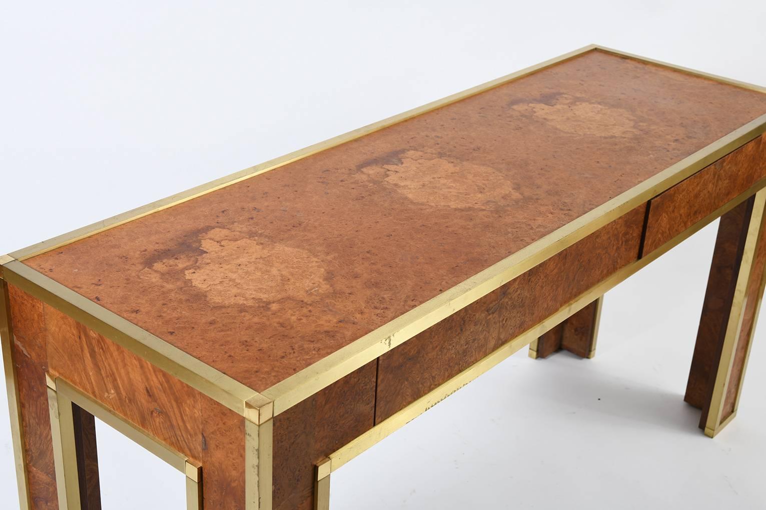 Brass and Burr Walnut Console Table, France, 1970s 1
