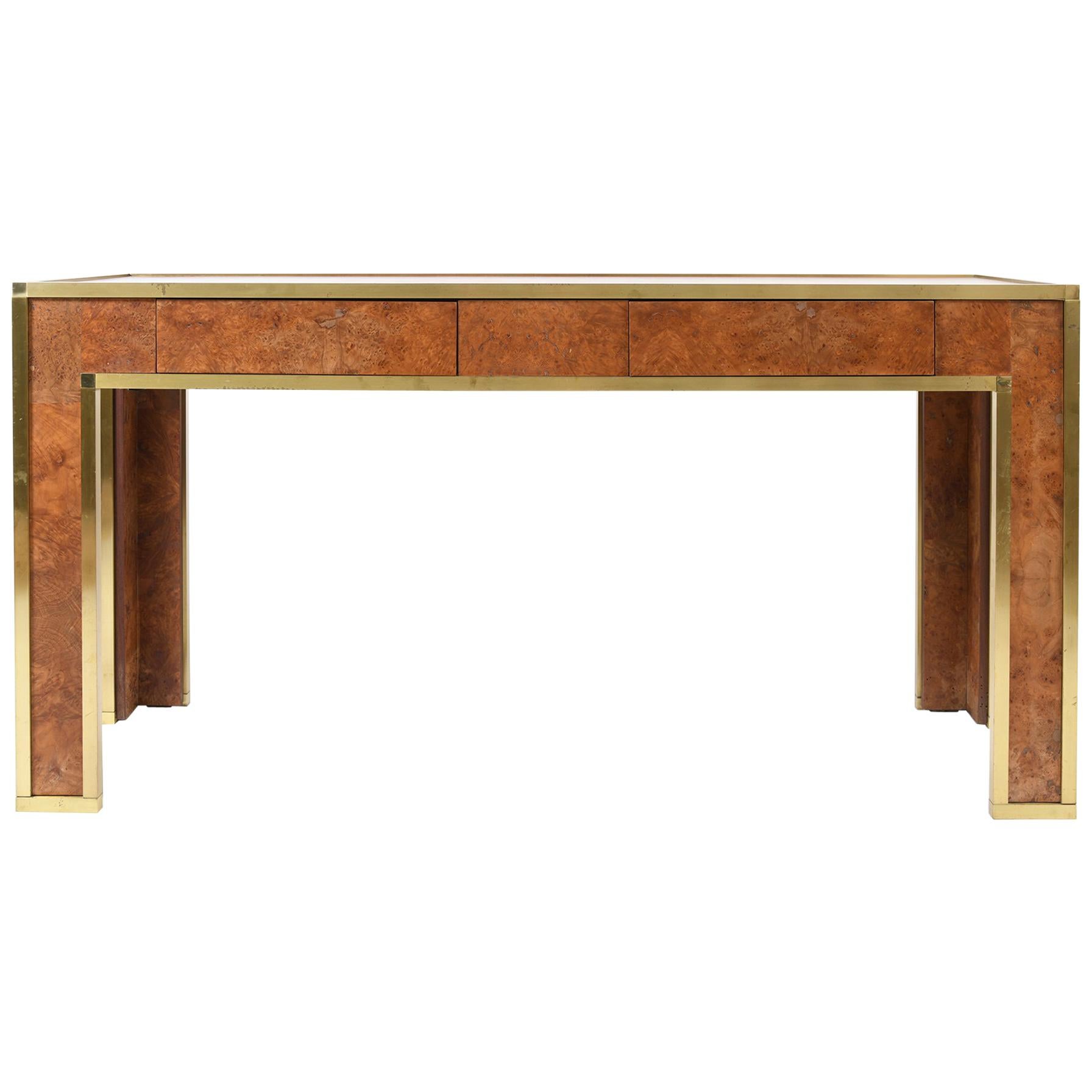 Brass and Burr Walnut Console Table, France, 1970s