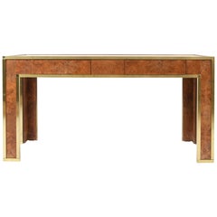 Brass and Burr Walnut Console Table, France, 1970s