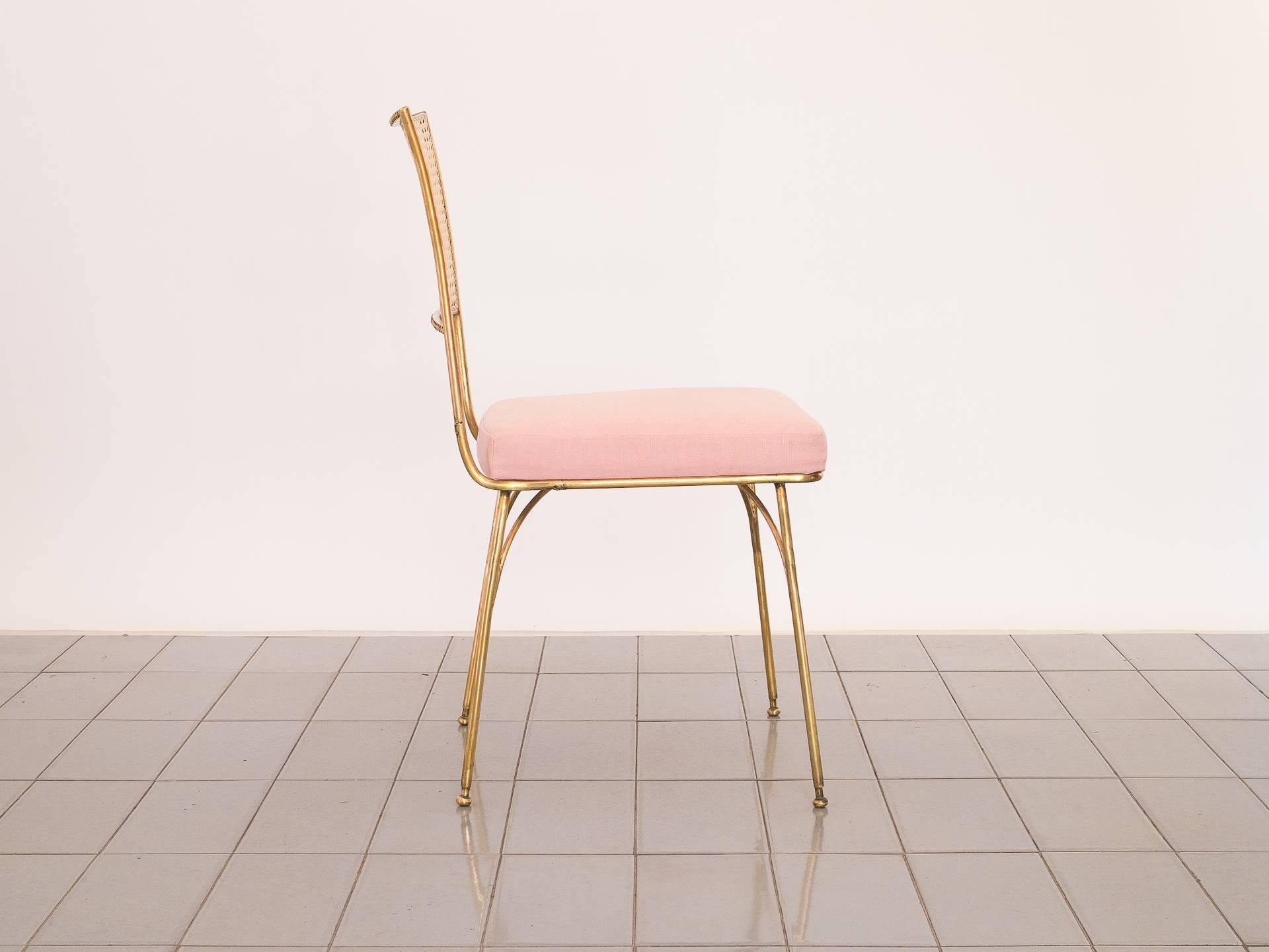Unique chair by Borsoi, in nylon cane and full brass body. Recently polished. New upholstery in millenial pink cotton canvas.

We have three more units that will require welding but can be negotiated before restoration.

In 2017, we discovered a