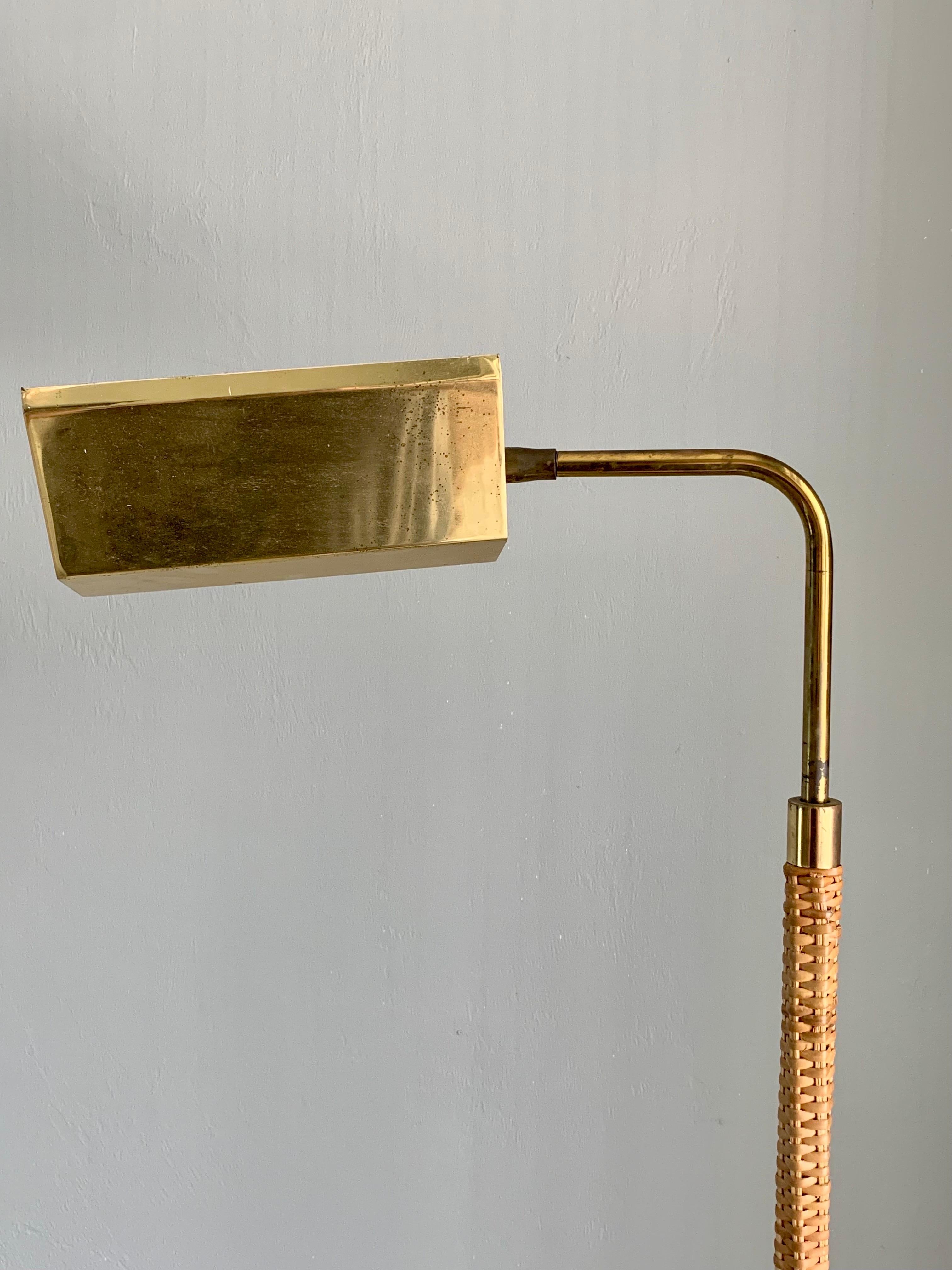 Brass and Cane Wrapped Floor Lamp After Paavo Tynell, circa 1950s For Sale 1