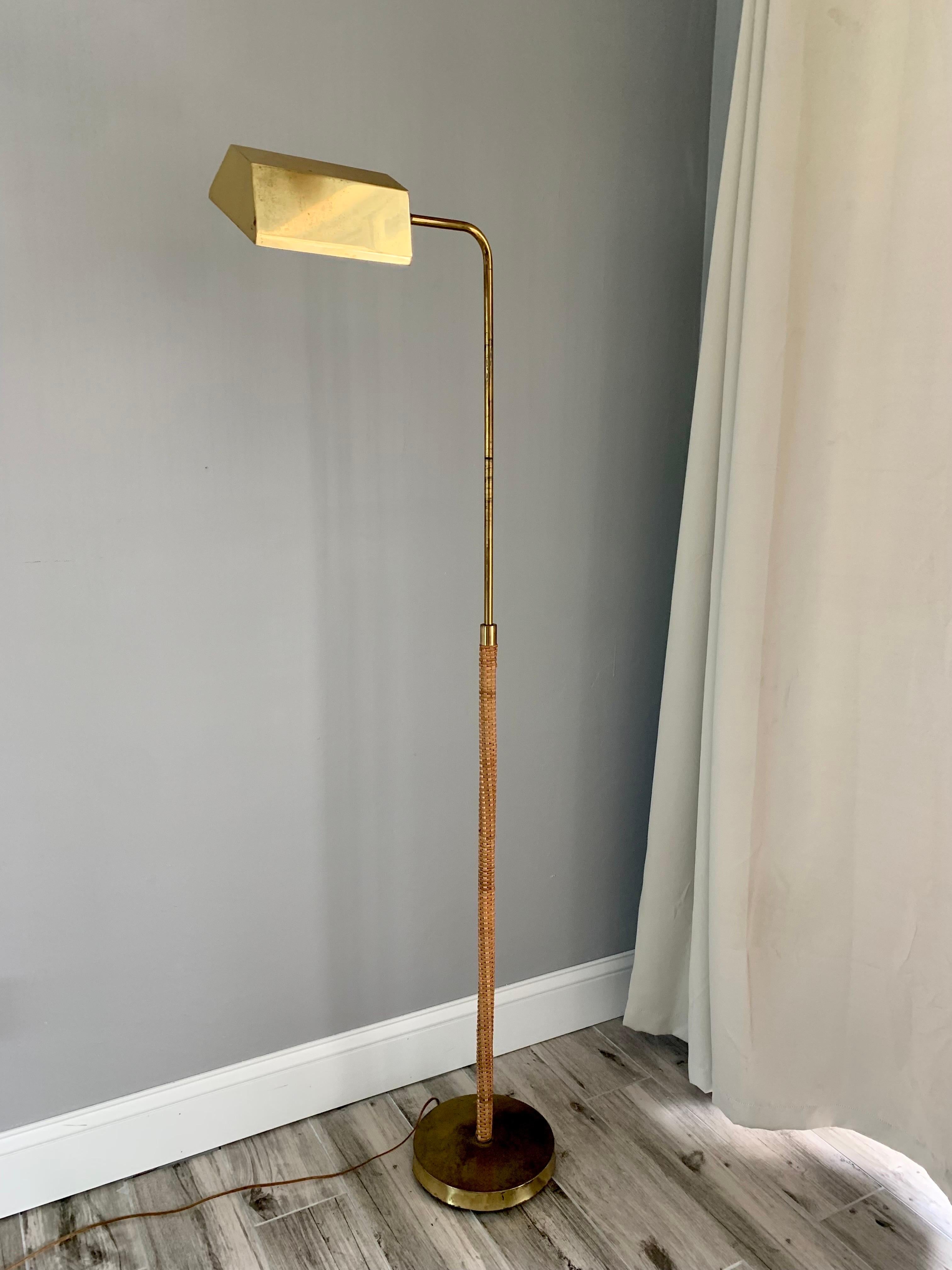 Brass and Cane Wrapped Floor Lamp After Paavo Tynell, circa 1950s For Sale 4